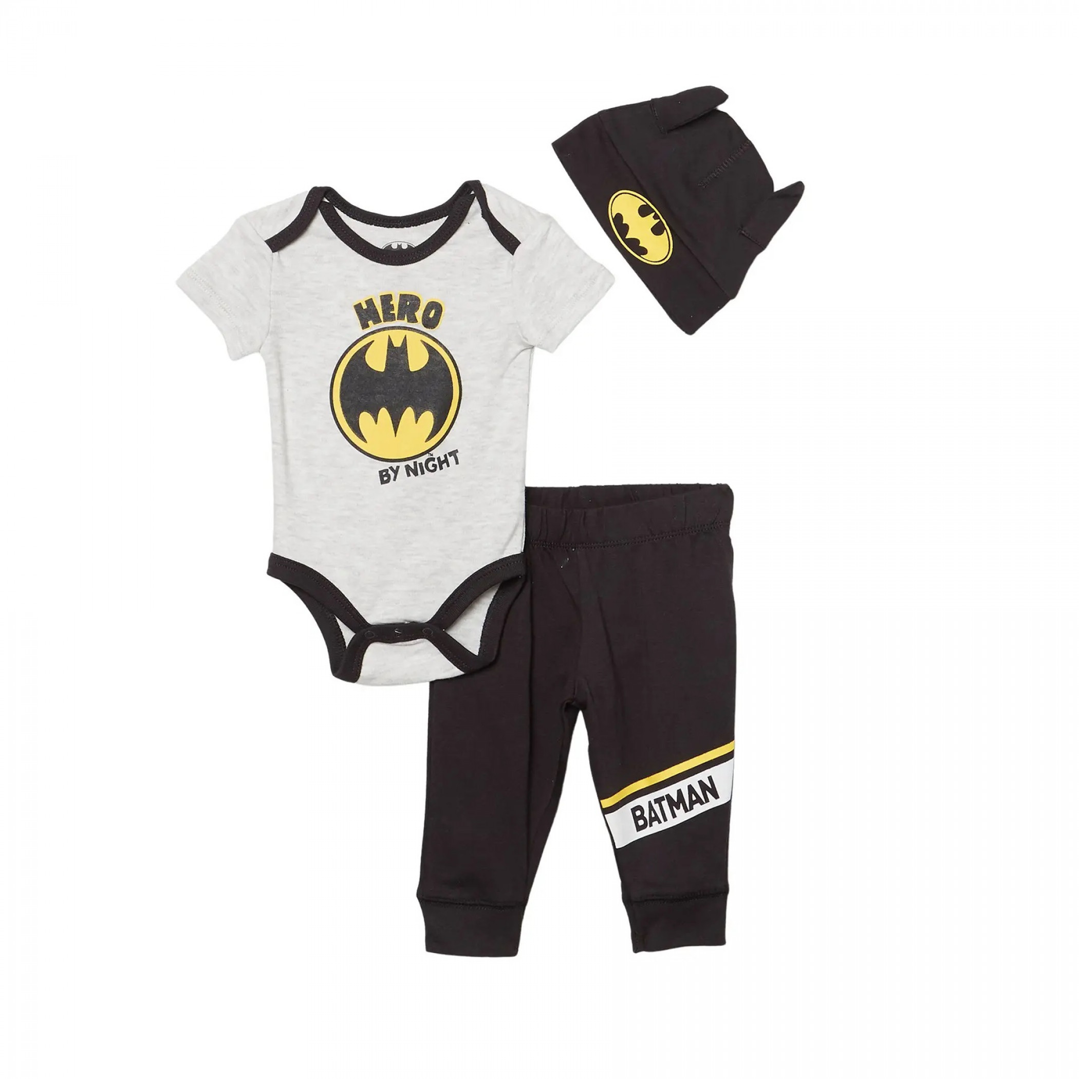Batman Logo 3-Piece Bodysuit Set With Cap, Grey