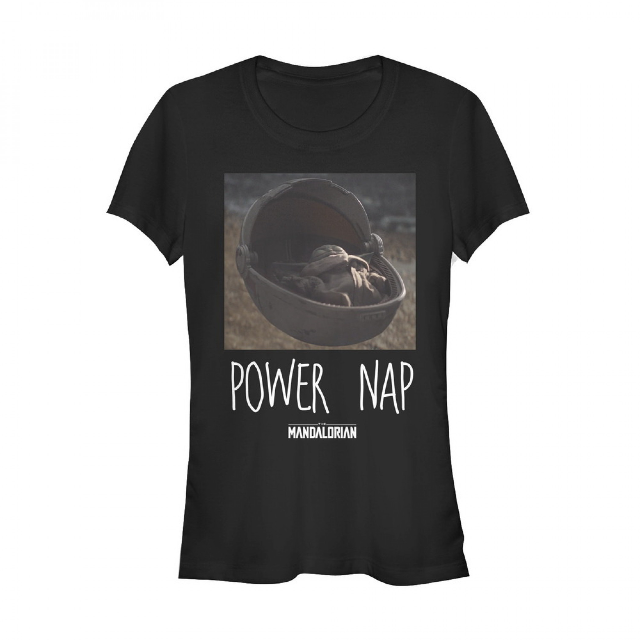 The Mandalorian Power Nap The Child Juniors Black T-Shirt, Black