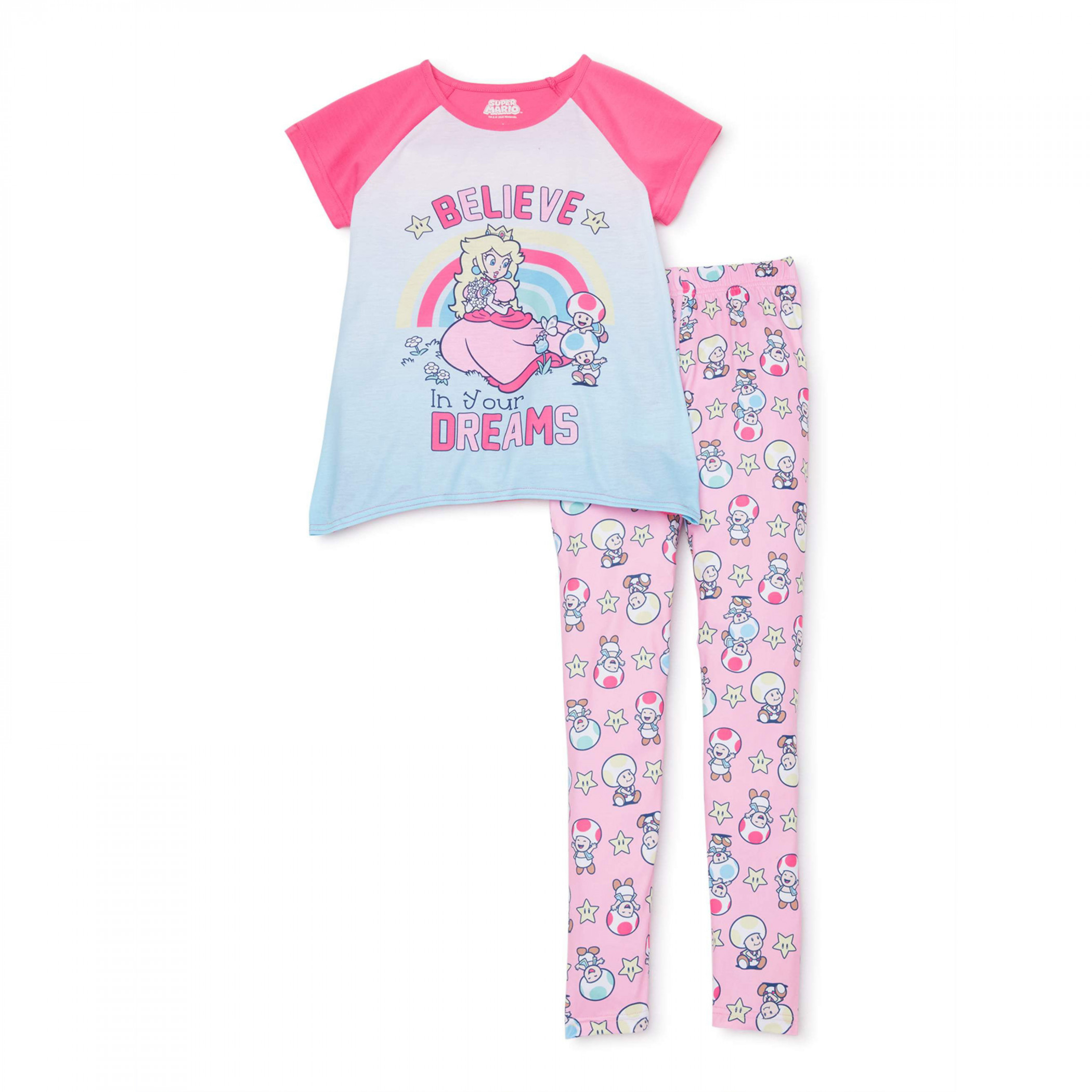 Super Mario Princess Peach Believe in Your Dreams Girl's Pajama Set, Pink