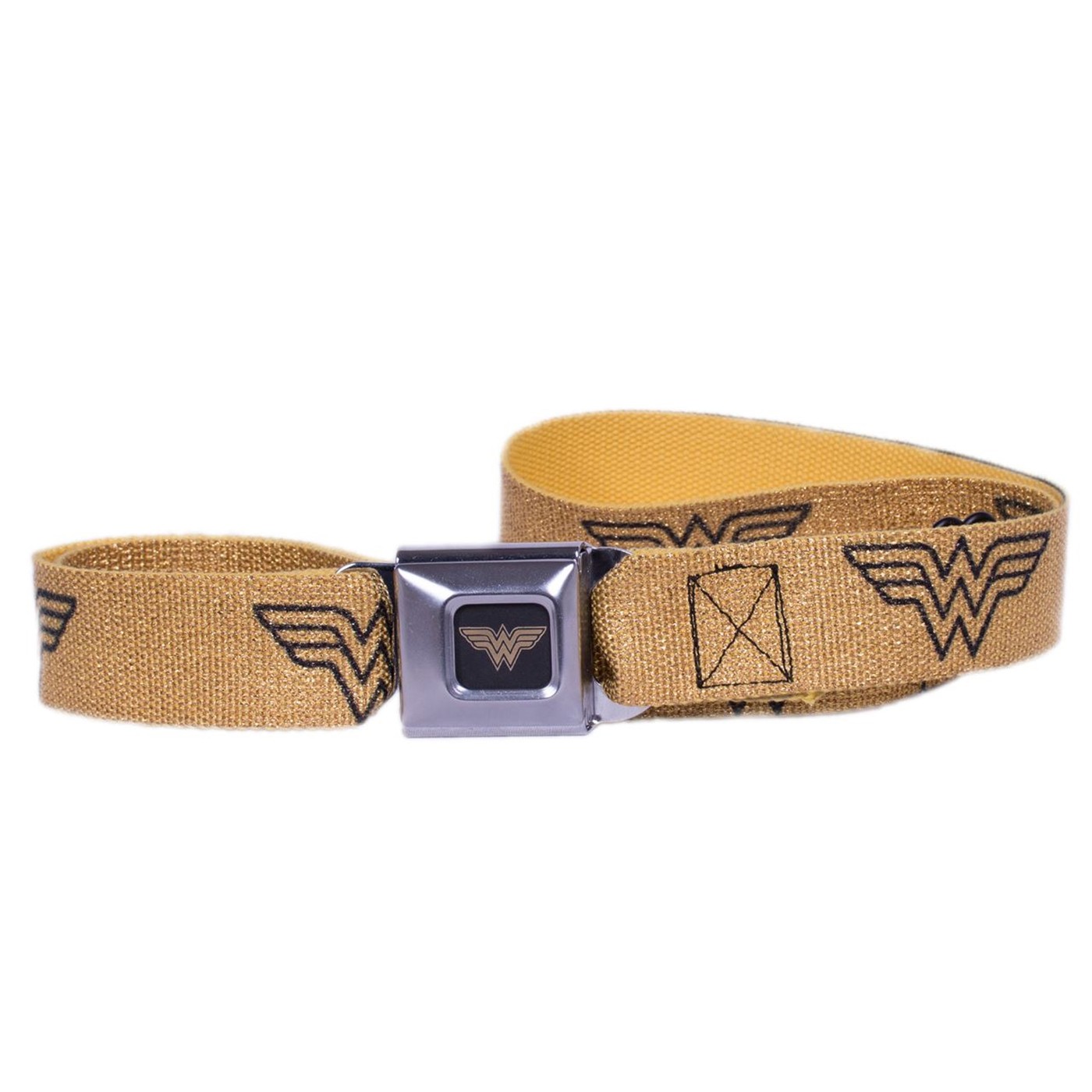 Wonder Woman Logo Reverse Brushed Black/Gold Seatbelt Belt, Gold