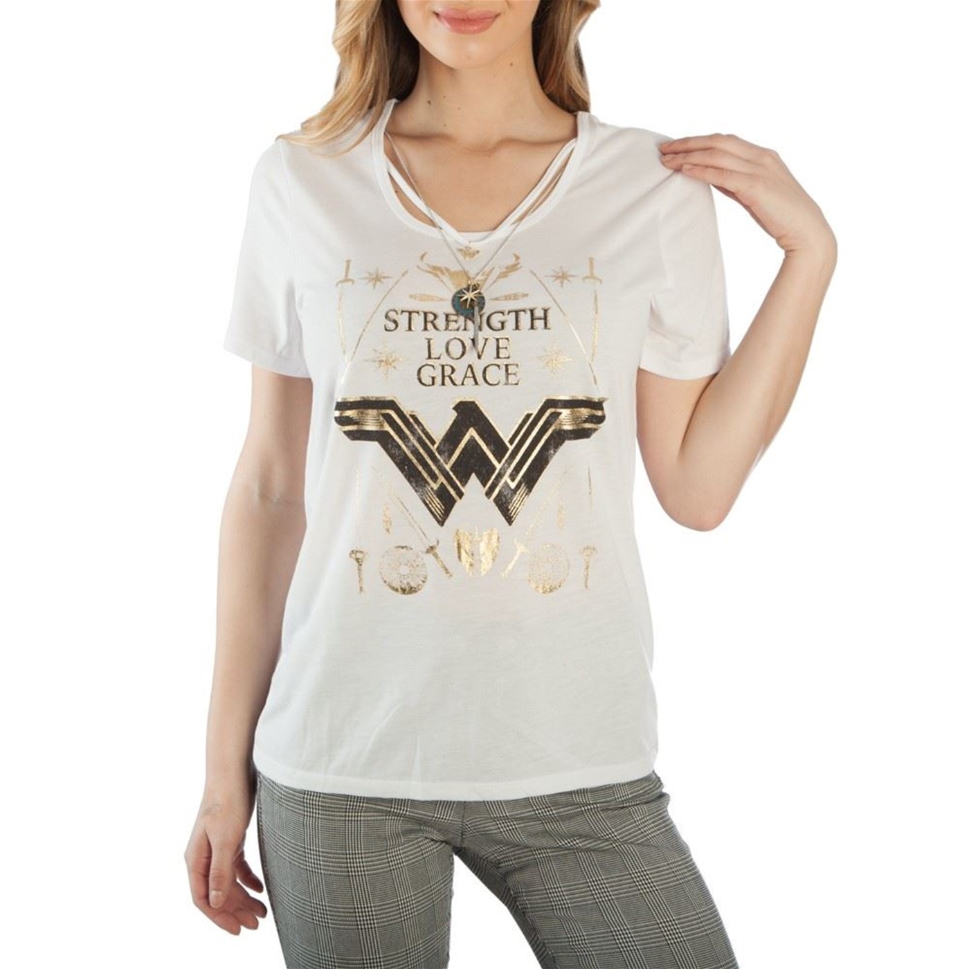Wonder Woman Gold Foil With Neck Charm Women's T-Shirt, White