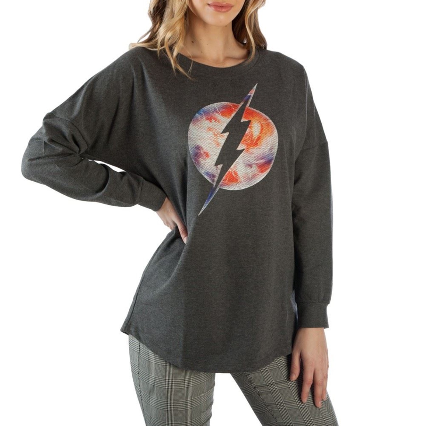 Flash Threadpixel Fill Logo Juniors Drop Shoulder Pullover Shirt, Grey