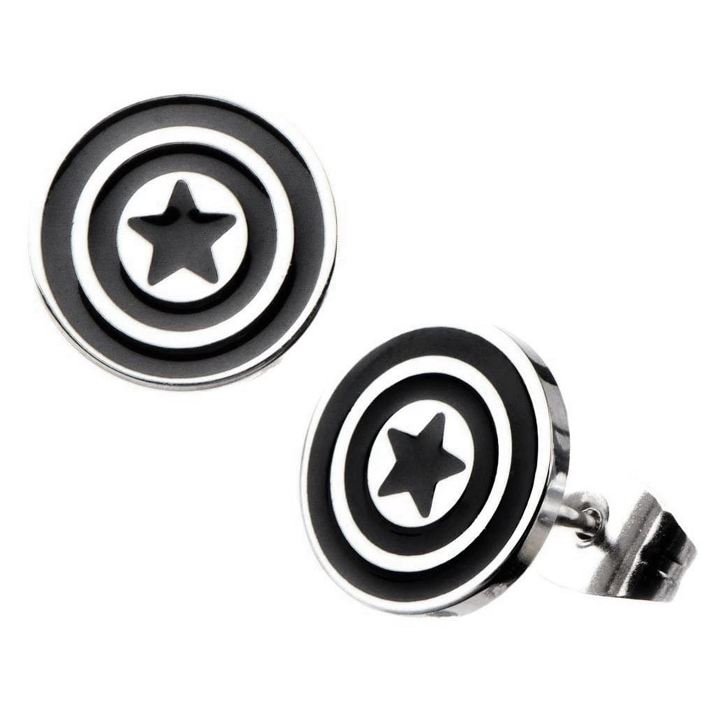 Captain America Shield Silver and Black Earring, Silver