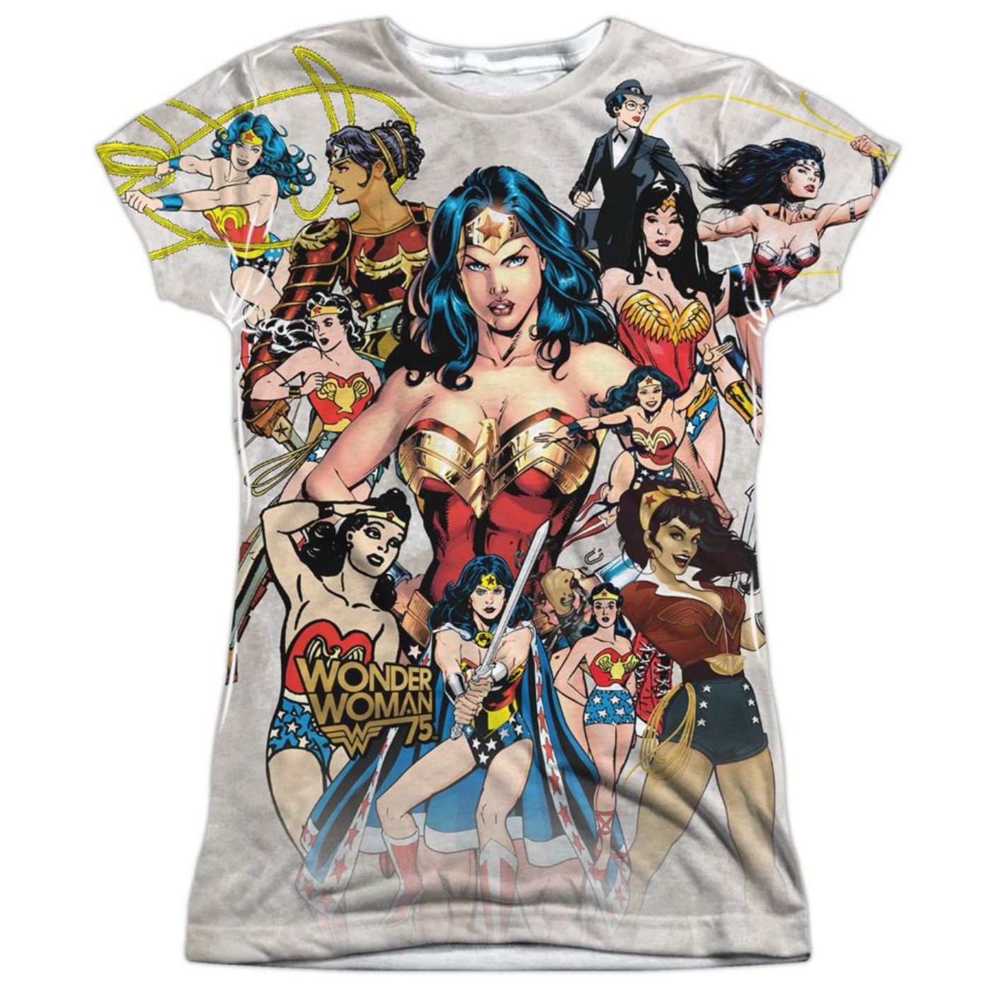 Wonder Woman 75th Collage Junior's Sublimated Front and Back T-Shirt, Beige