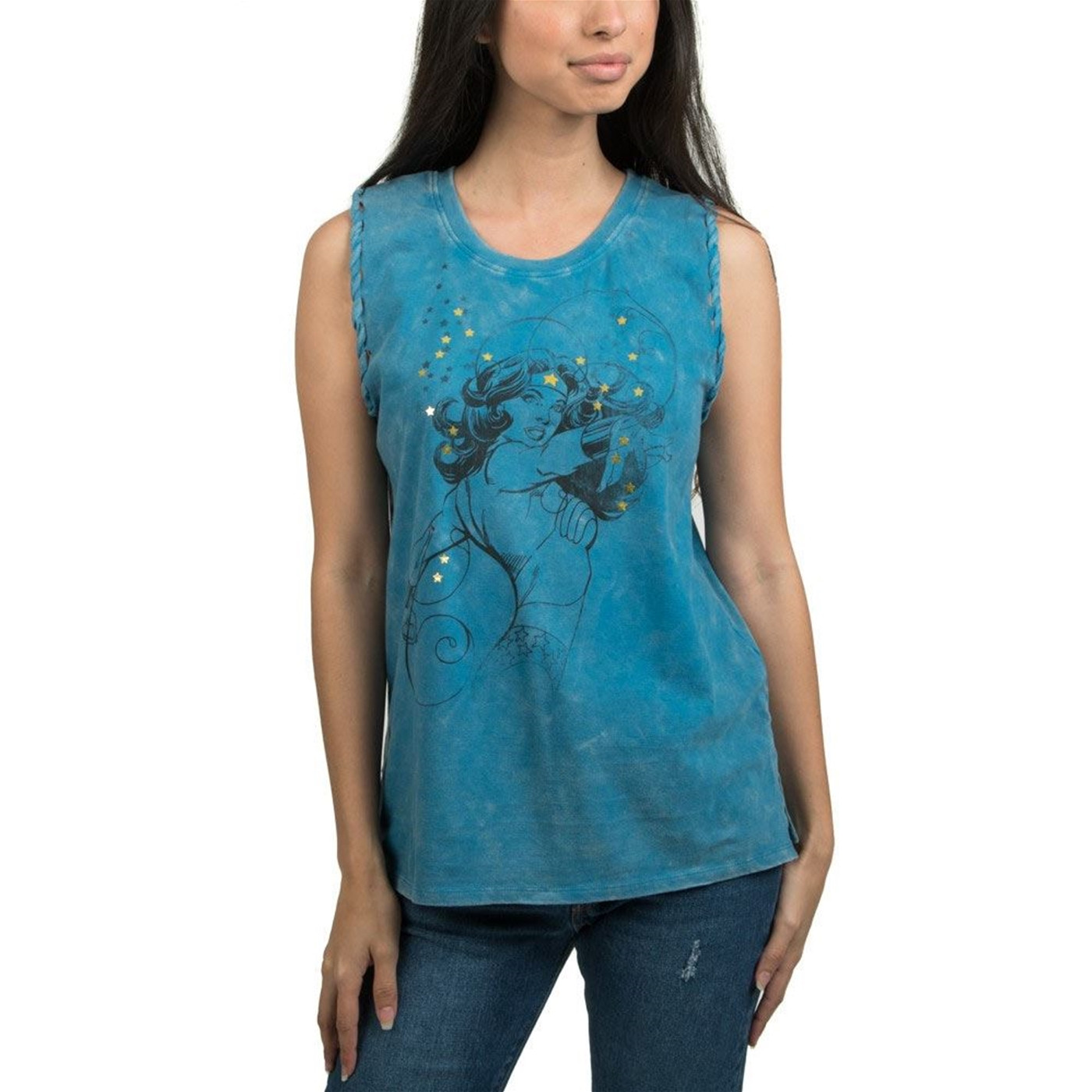Wonder Woman Mineral Wash Braided Tank Top, Blue