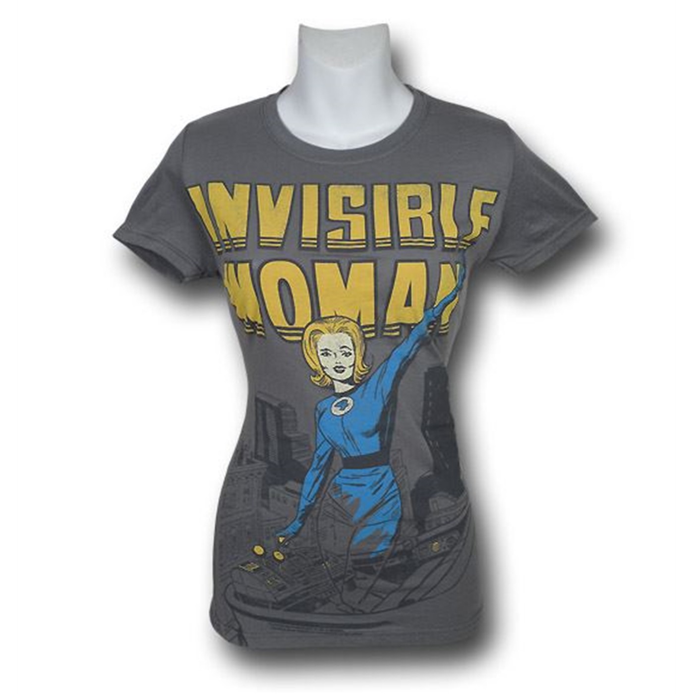 Invisible Woman Juniors Distressed T-Shirt, Grey