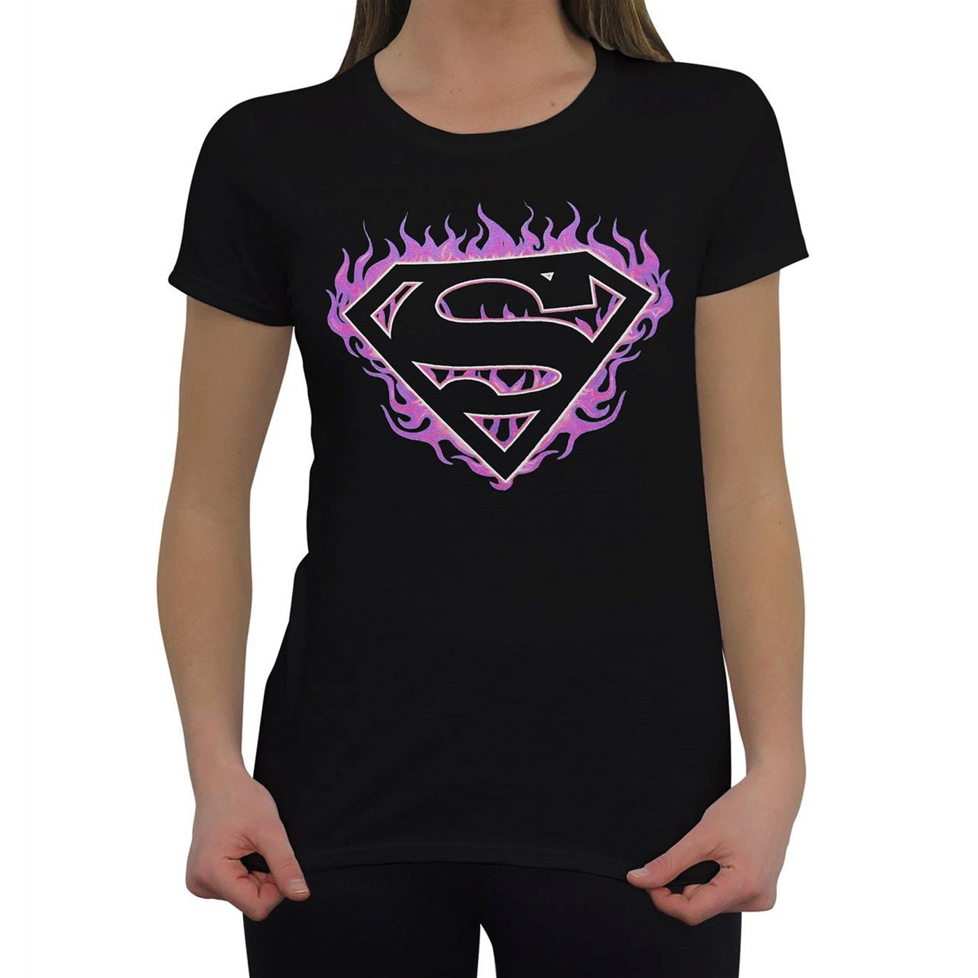 Superman Pink Flames Women's T-Shirt, Black