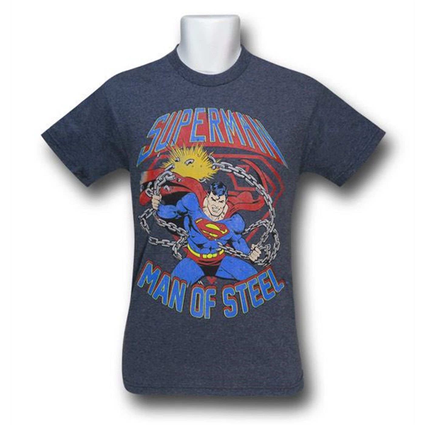 Superman Man Of Steel Chains Heather Navy T-Shirt, Blue