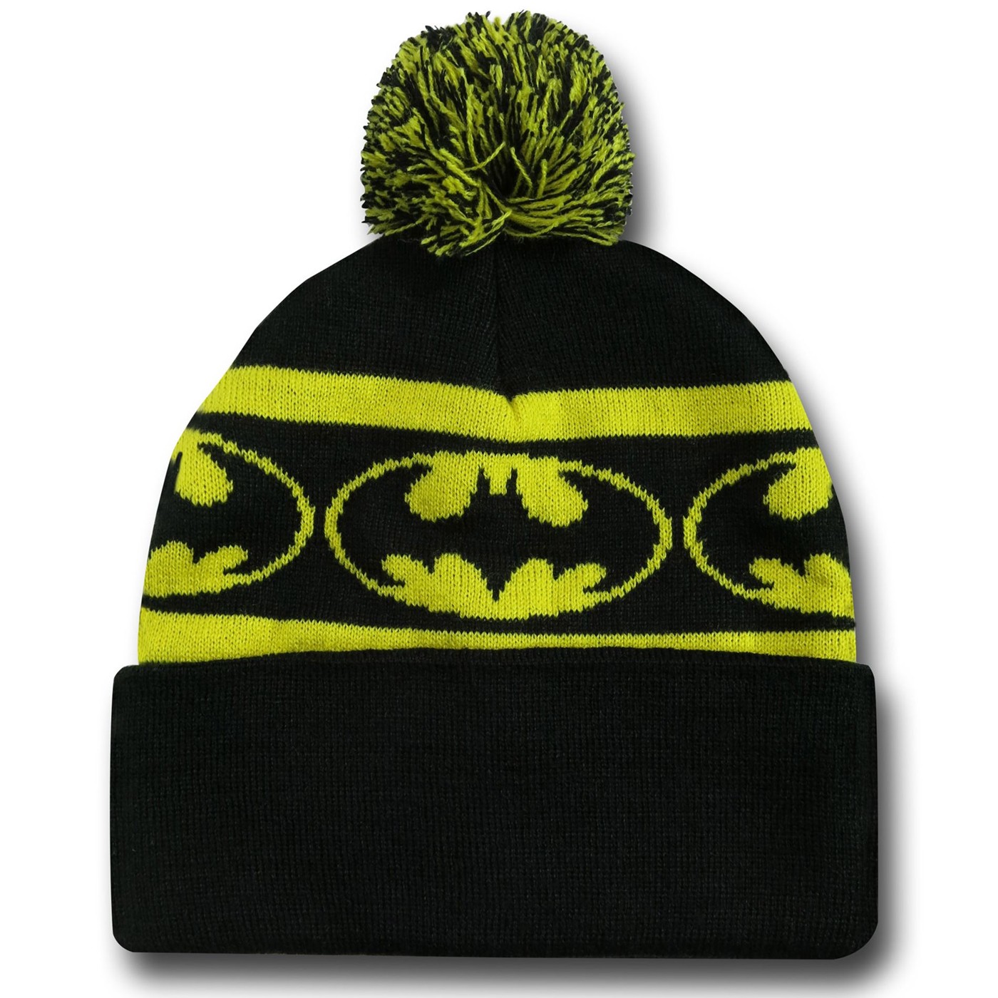 Batman Black & Yellow Symbols Cuffed Pom Pom Beanie, Black