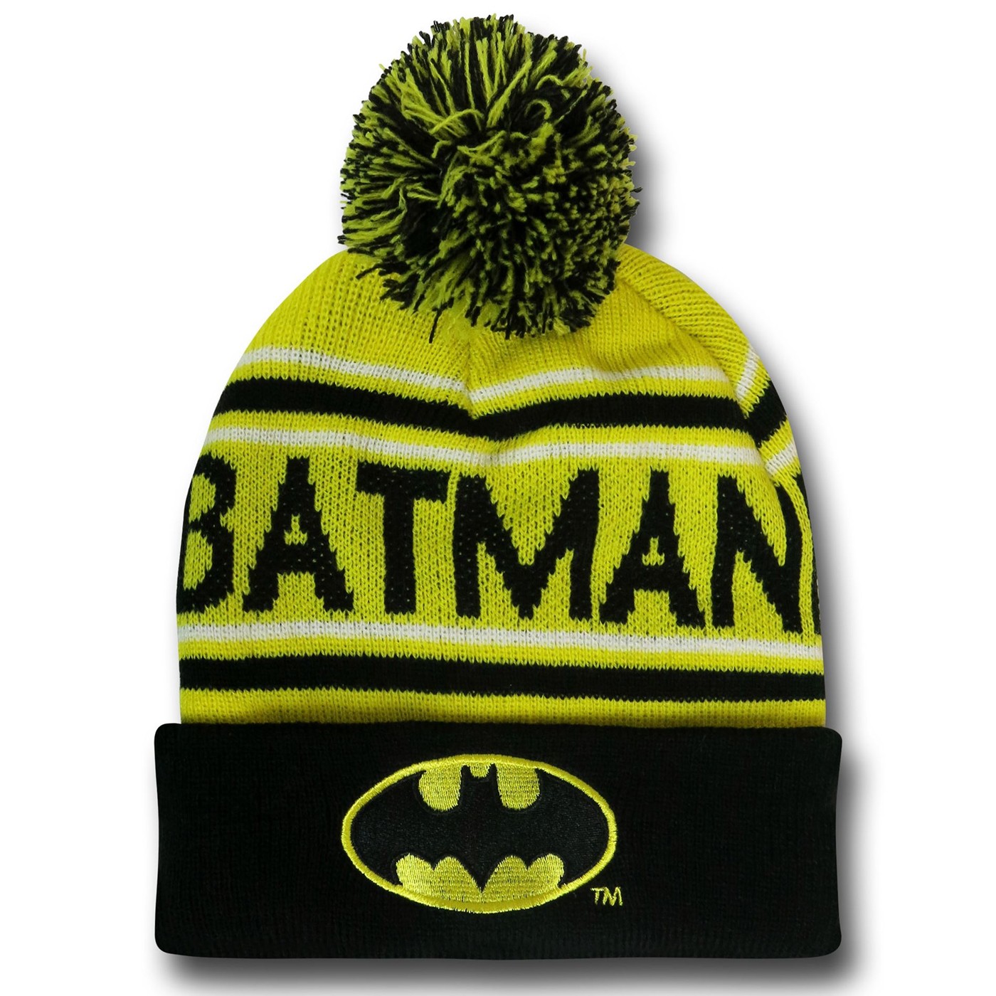 Batman Text Yellow Pom Pom Beanie, Yellow