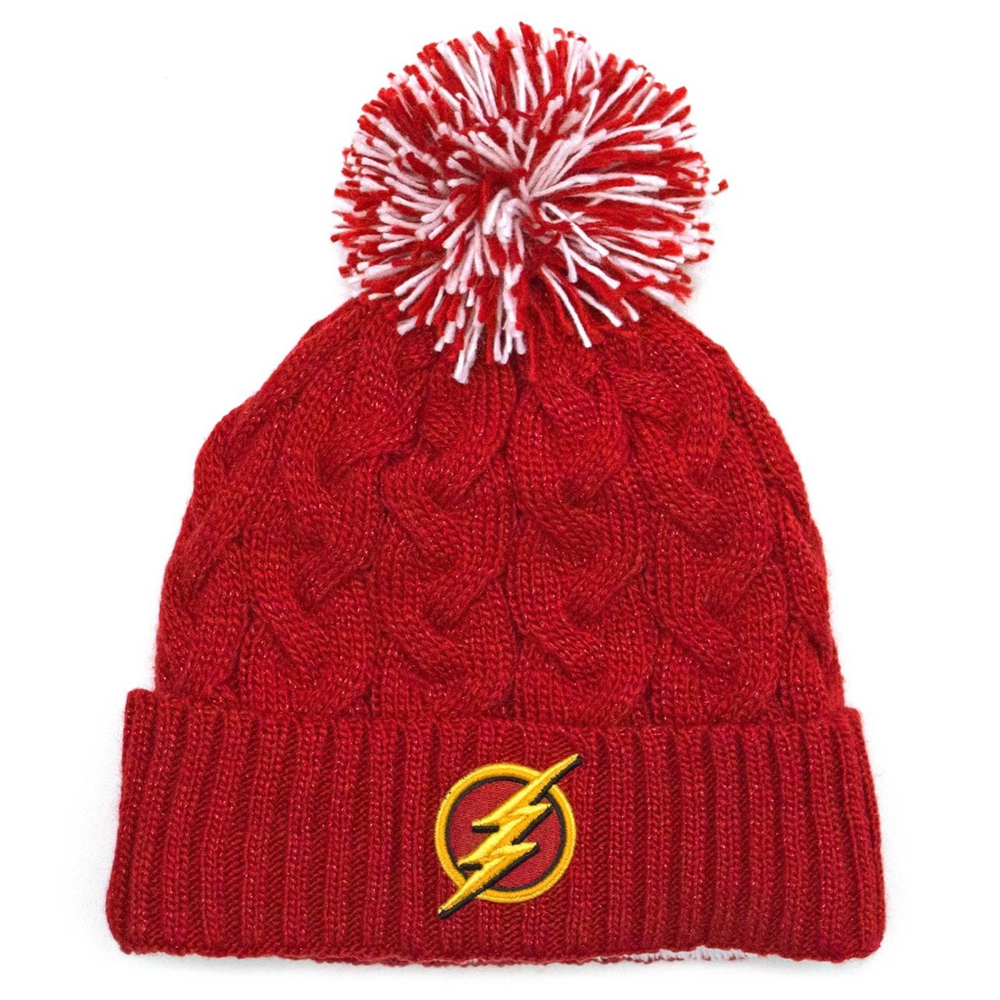 Flash Symbol Speed Force Cable Weave with Pom Unisex Knit Beanie, Red
