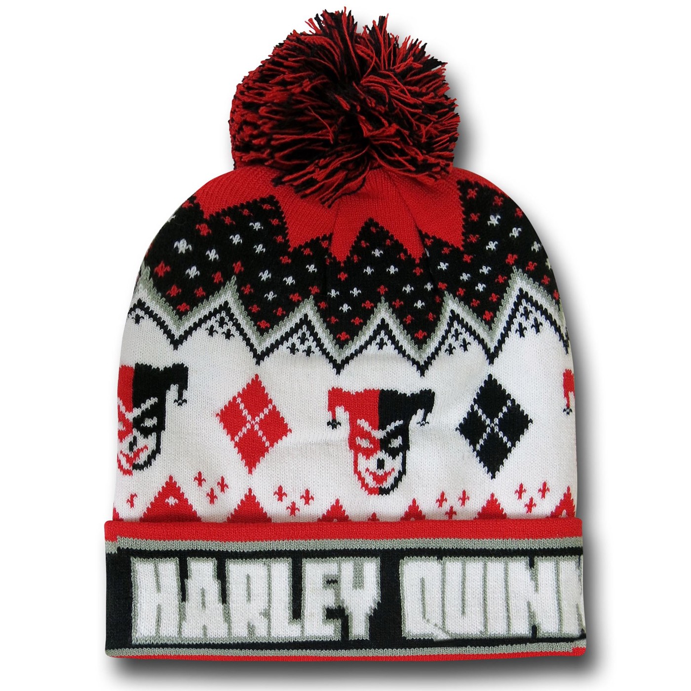 Harley Quinn Cuff Pom Pom Beanie, Red