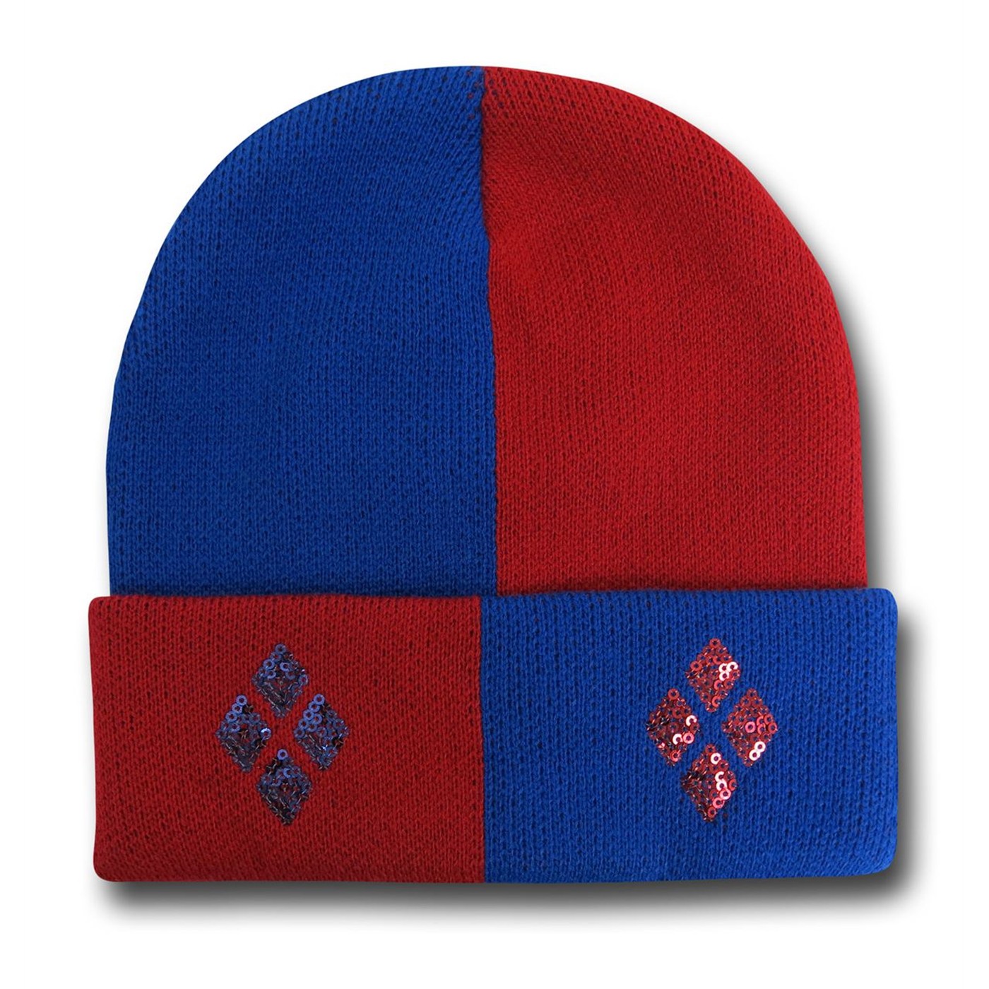 Harley Quinn Red and Blue Sequin Cuff Beanie, Red