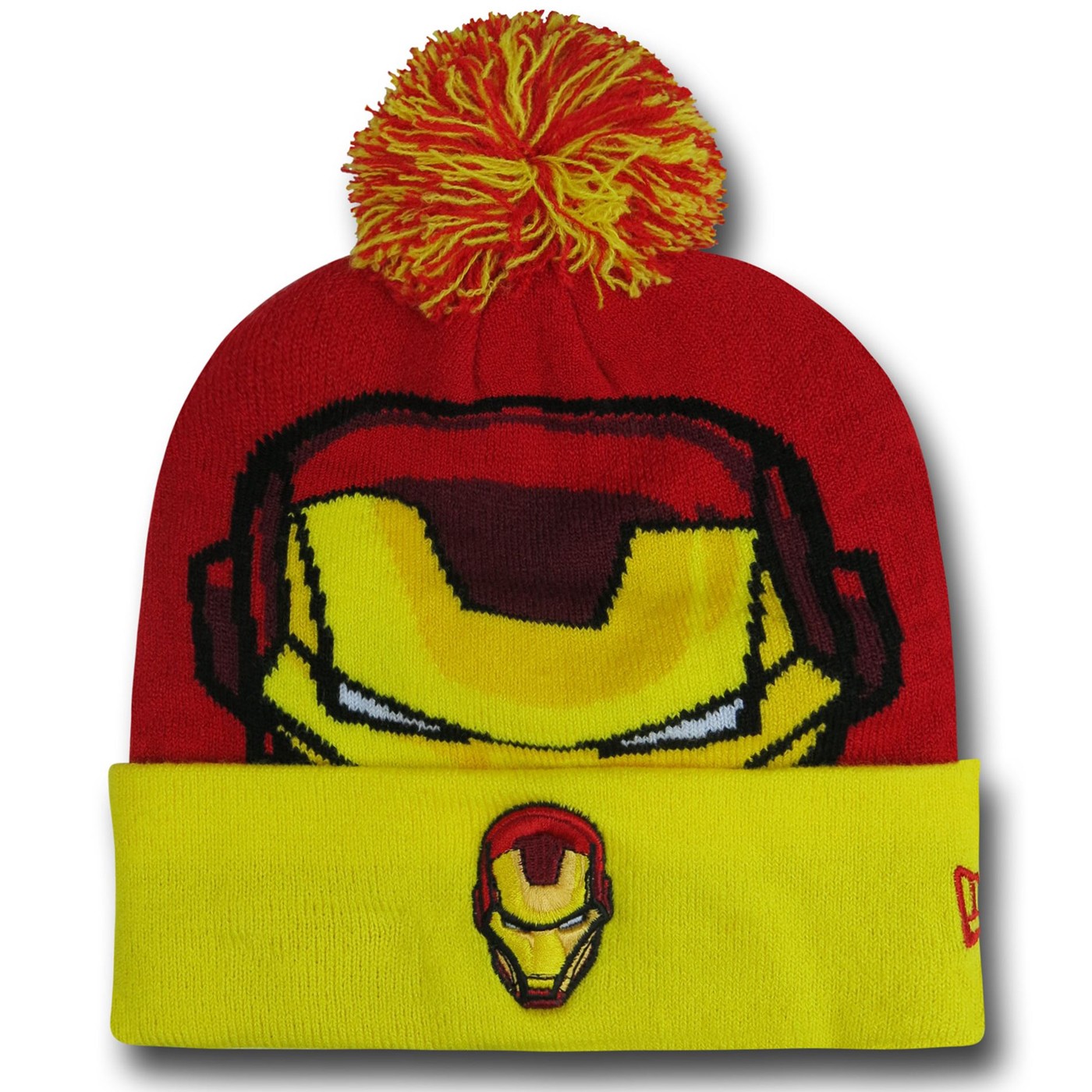 Iron Man Helmet Head Yellow Cuff Pom Pom Beanie, Red