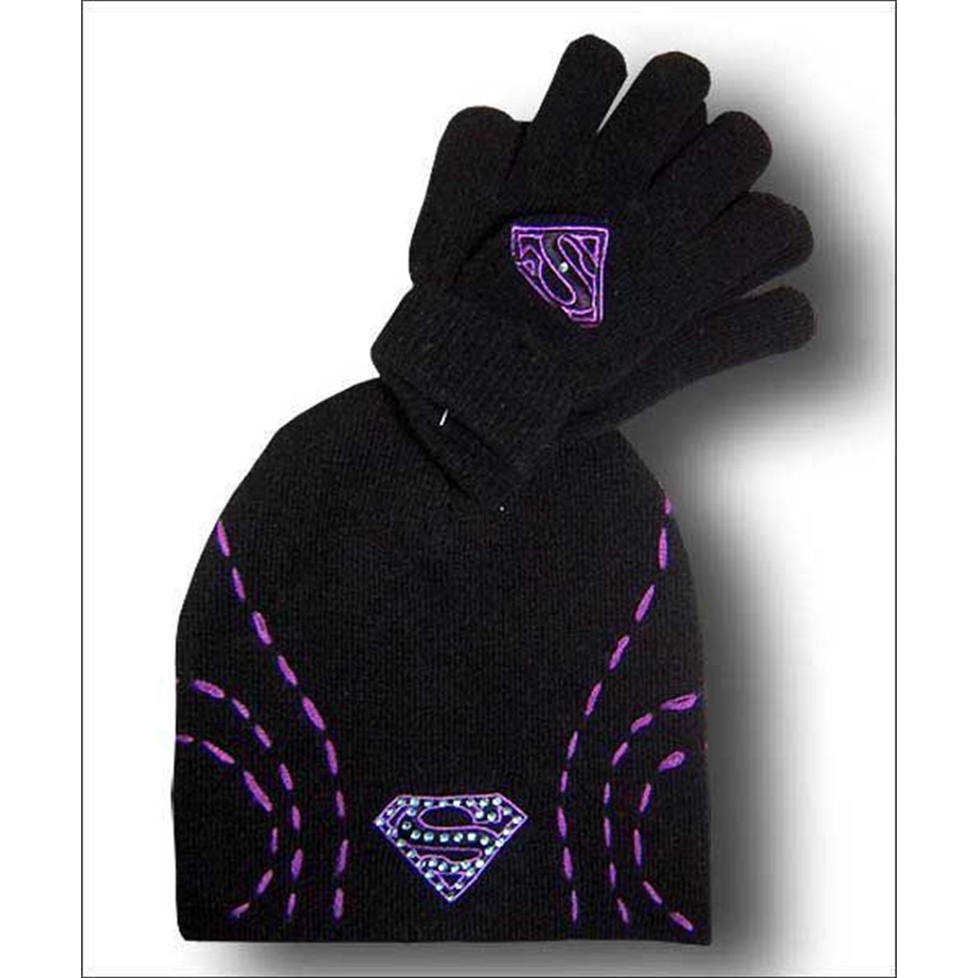 Supergirl Beanie & Glove Set Black Rhinestones
