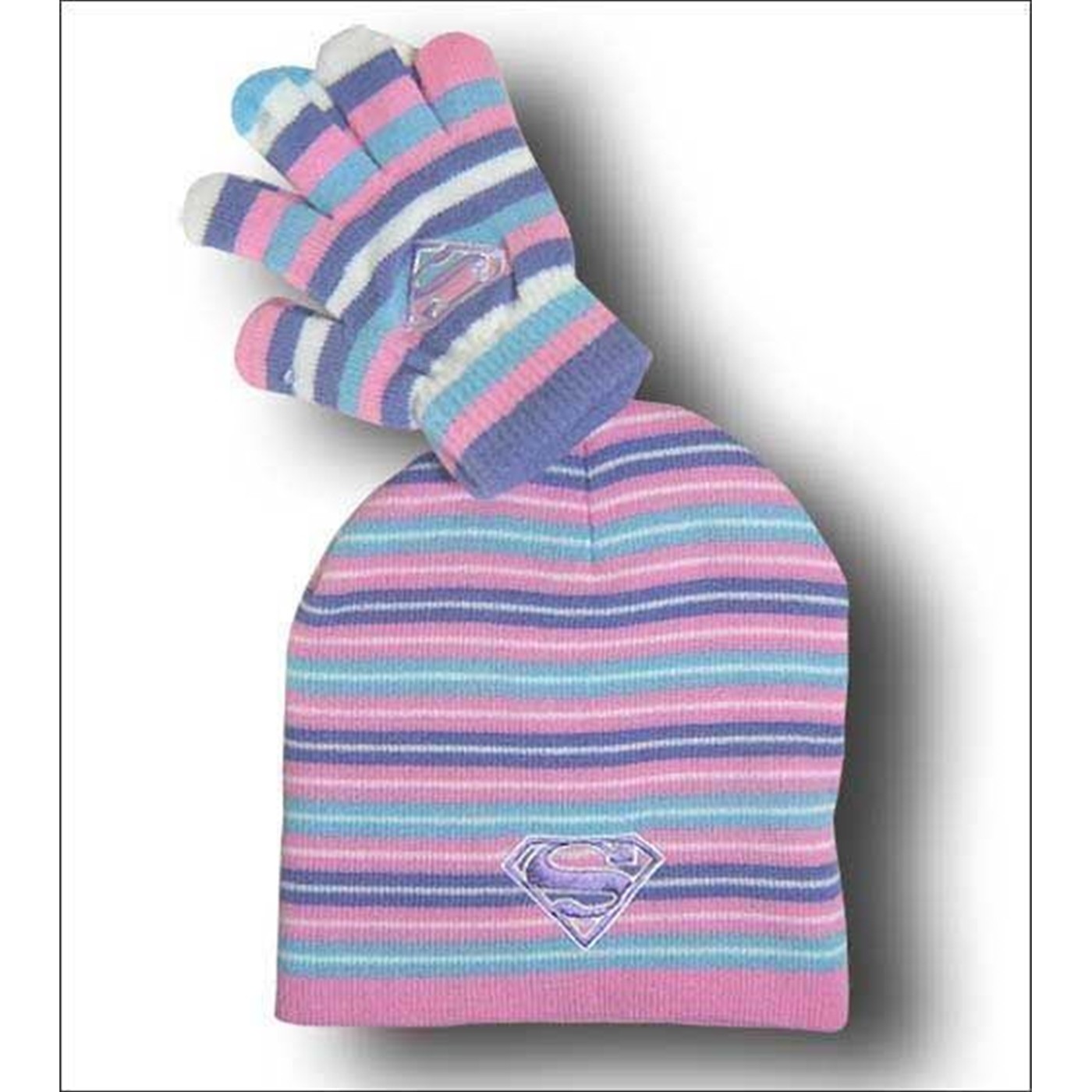Supergirl Beanie & Glove Set Pink Blue Stripes