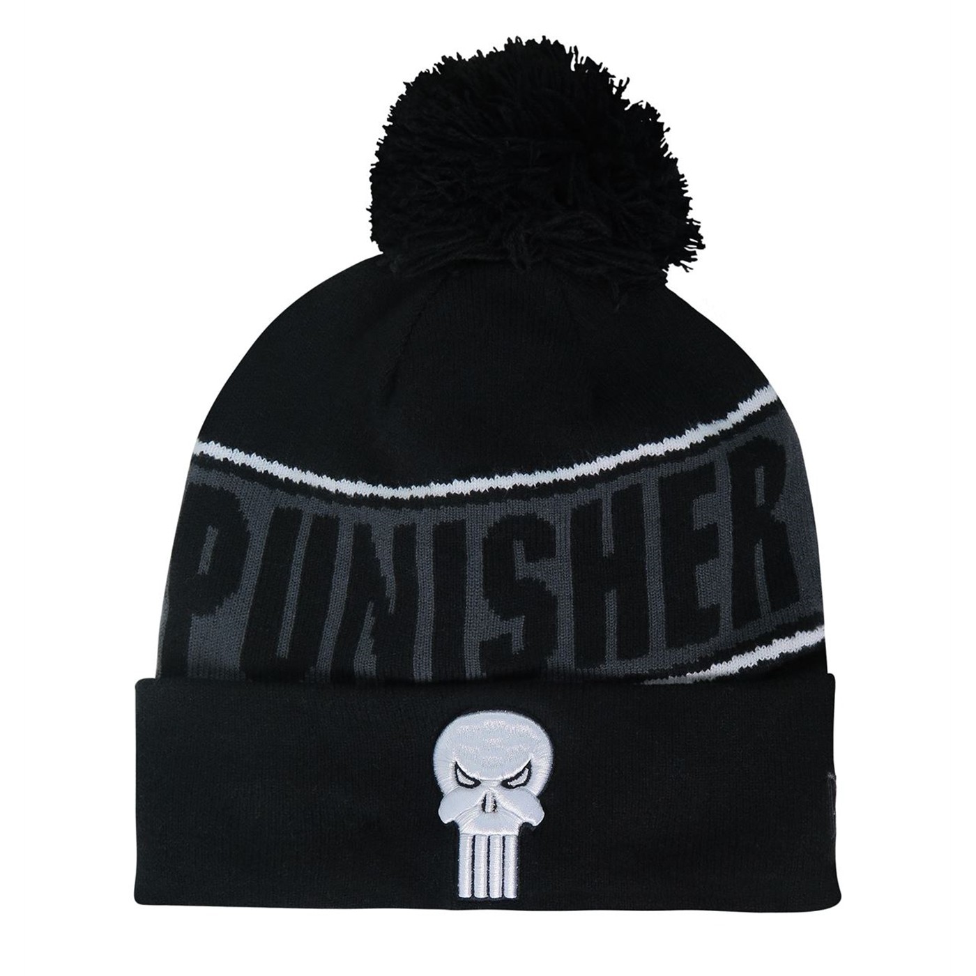 Punisher Fleece Lined Pom Pom Beanie, Black