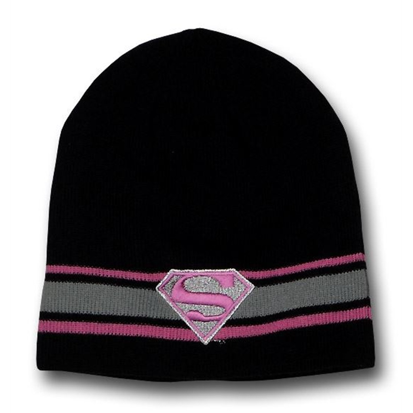 Supergirl Pink on Black Reversible Knit Beanie, Black