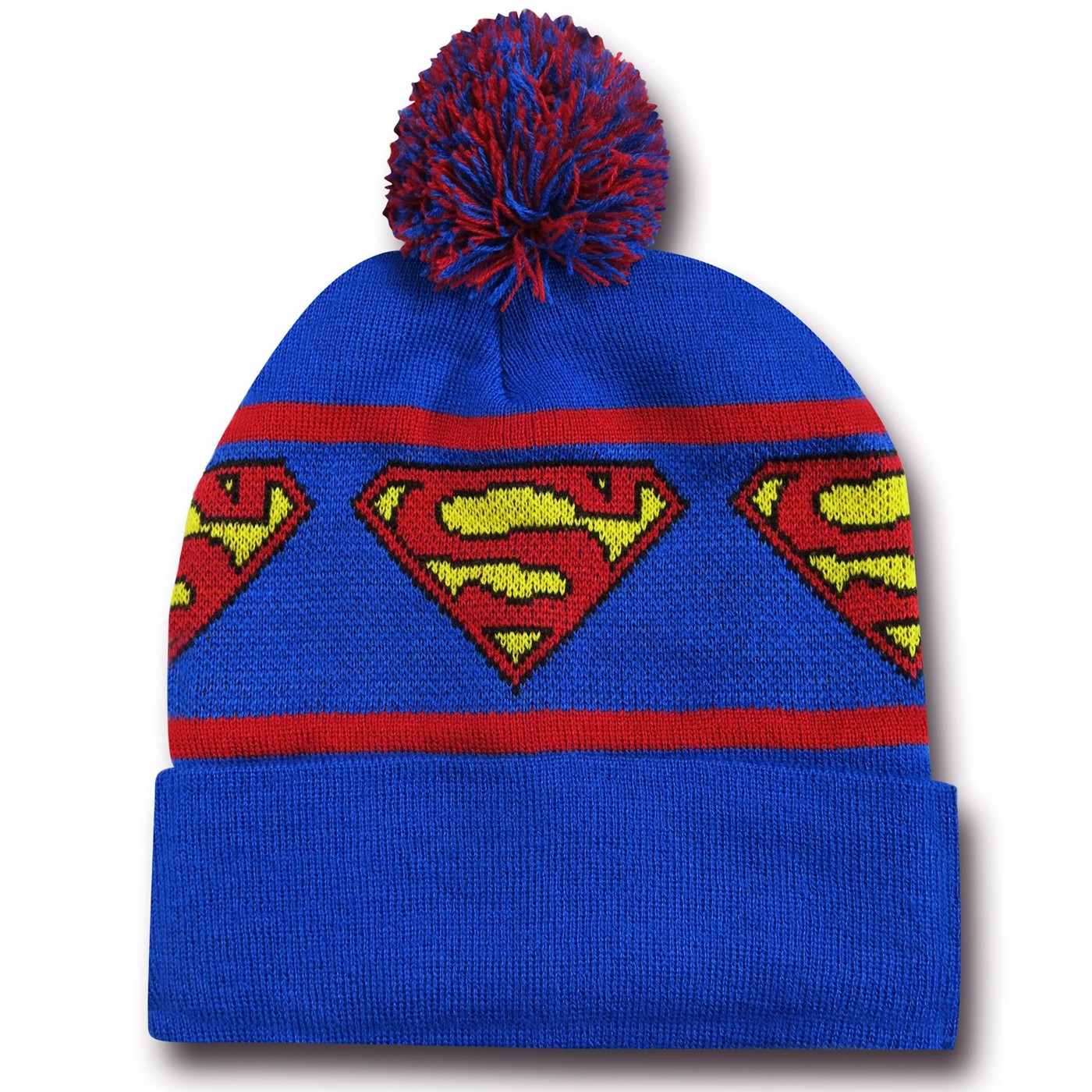 Superman Symbols Cuffed Blue Pom Pom Beanie, Blue