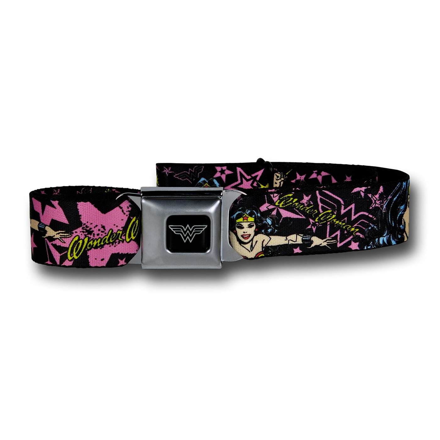 Wonder Woman Image and Pink Stars Seatbelt Belt, Black