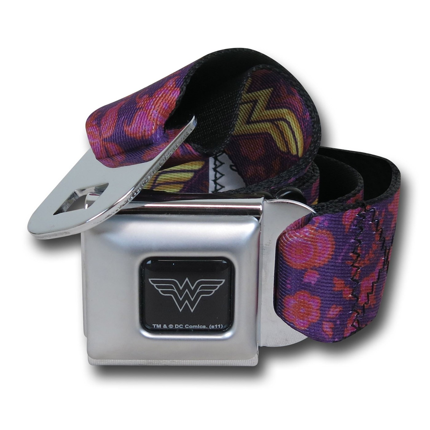 Wonder Woman Symbols & Flowers Seatbelt Belt, Purple