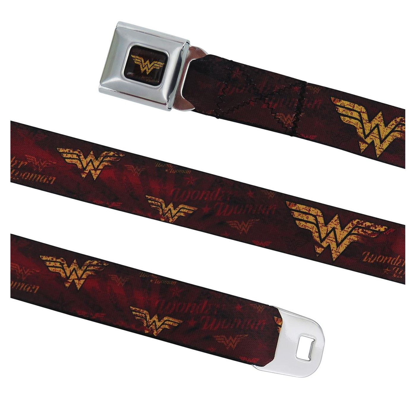 Wonder Woman Logo Distressed Gold & Red Seatbelt Belt, Red
