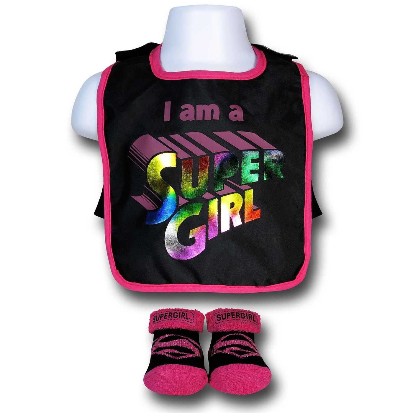 Supergirl Pink and Black Bib with Cape & Booties, Black