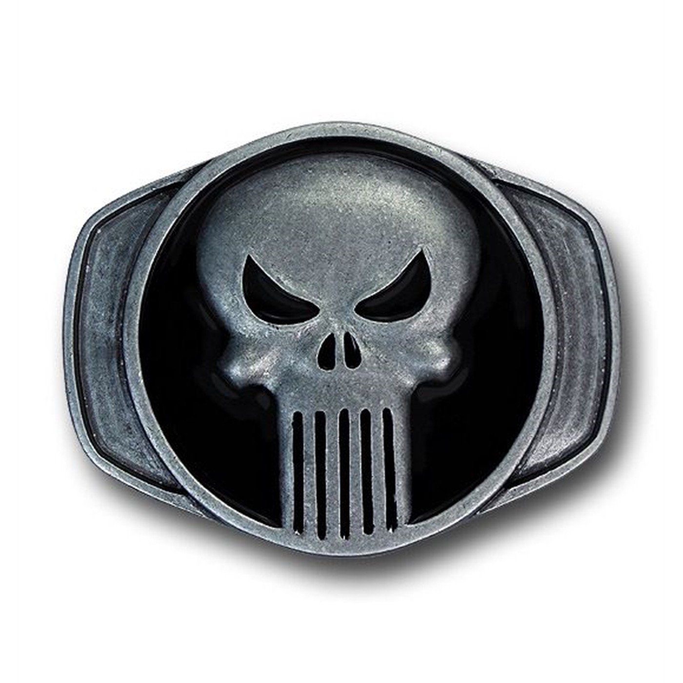 Punisher Pewter Symbol on Black Belt Buckle, Grey