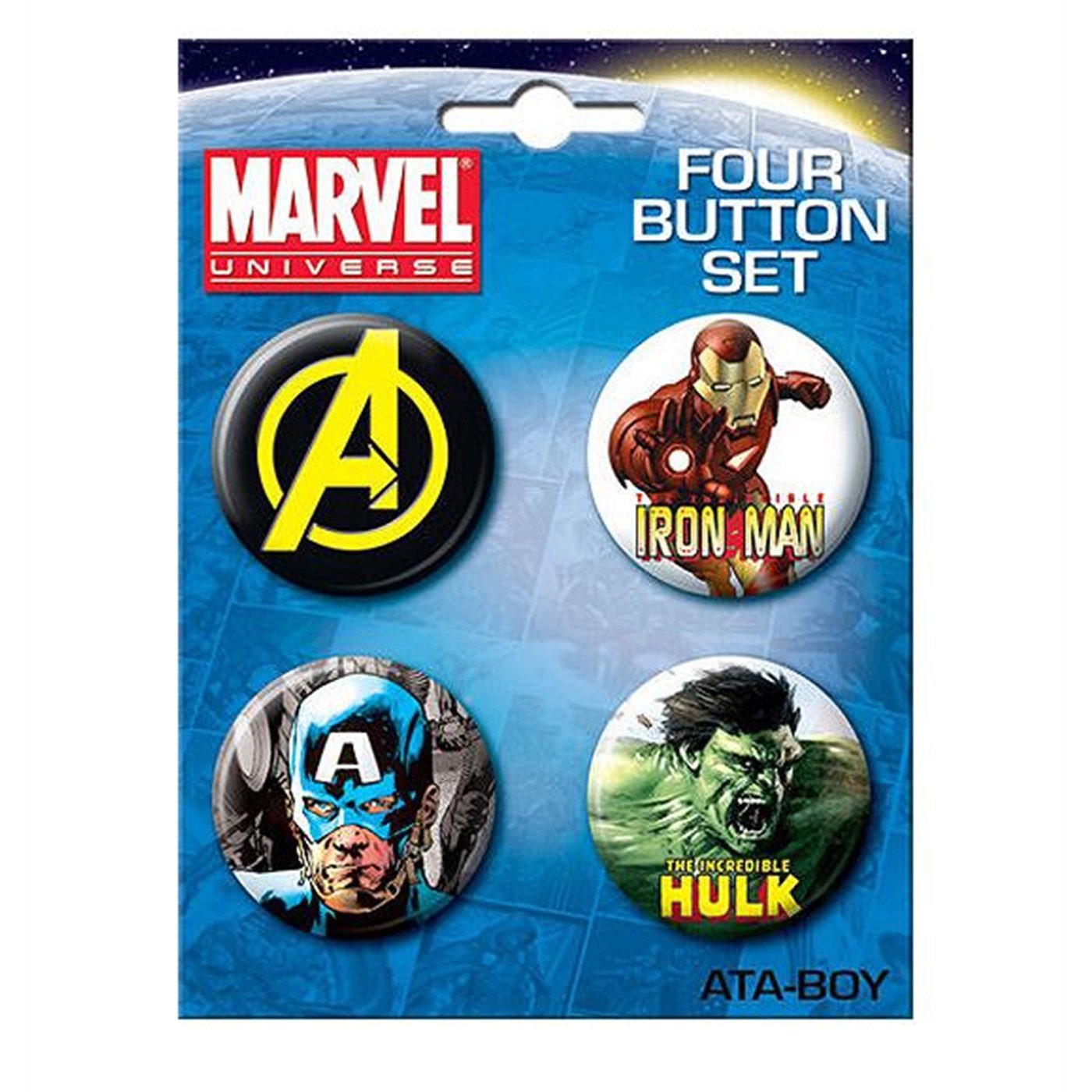 Avengers Cap  Stark  and Hulk 4 Button Set, White