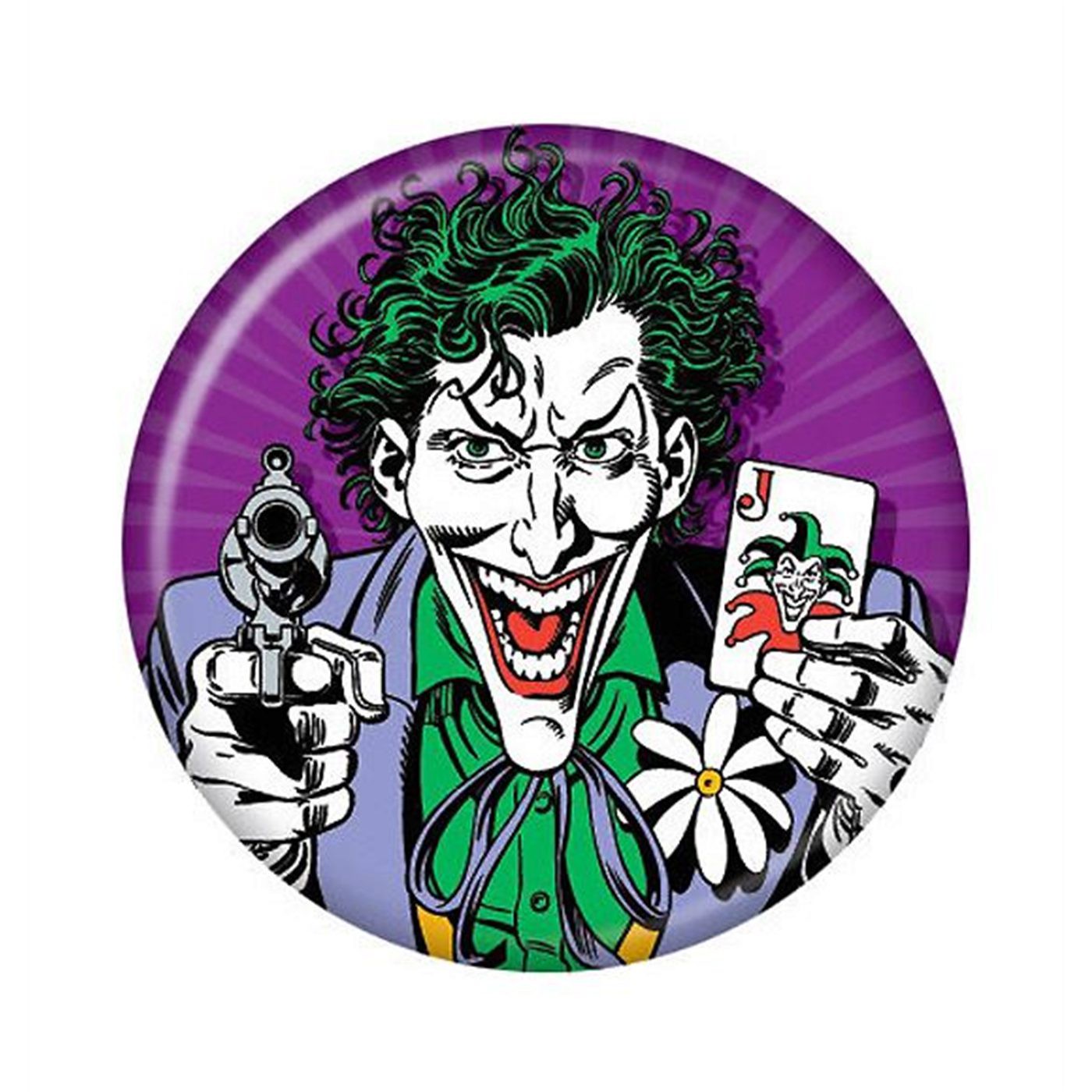 Joker With Card & Gun Button, White