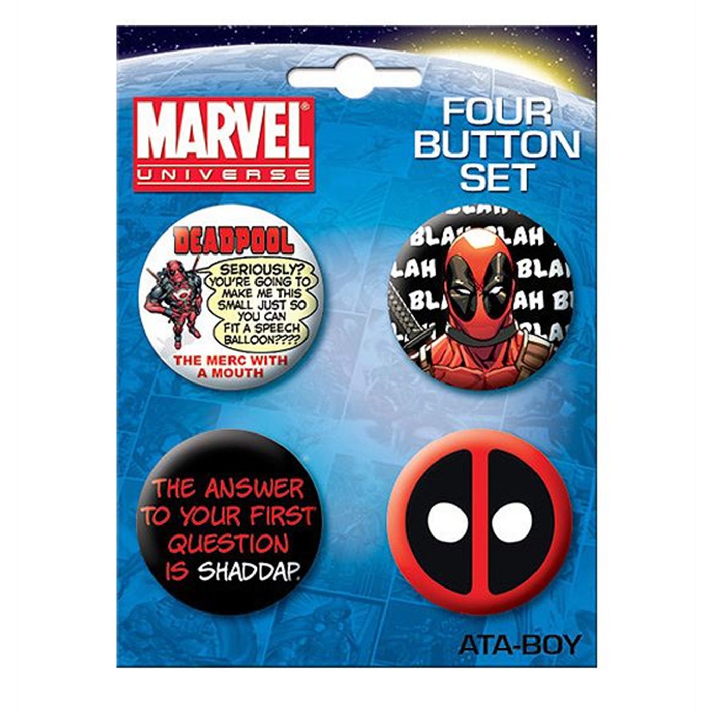 Deadpool Symbol and Shaddap Button Set, White