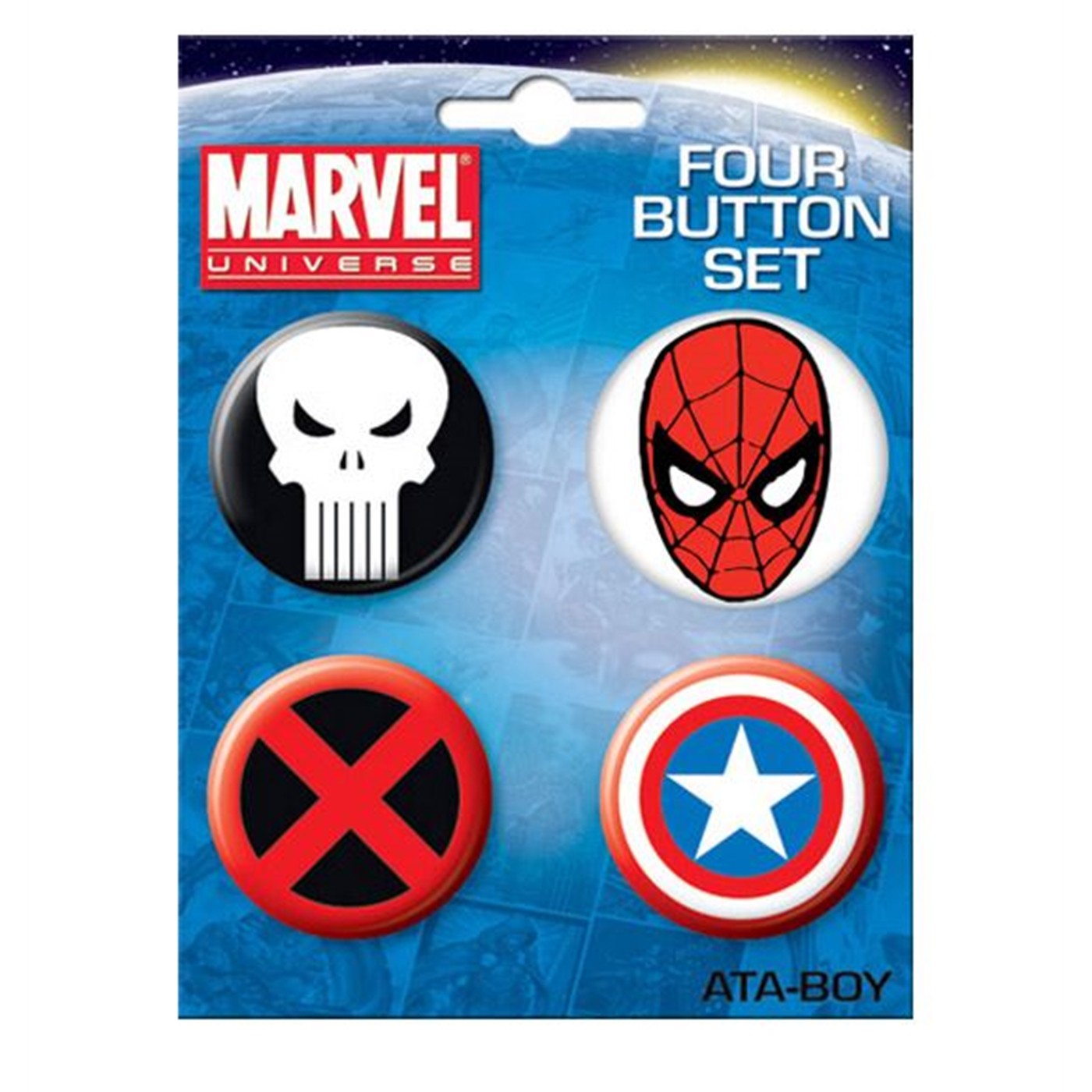 Marvel Four Button Set 1 w/Spiderman Head, White