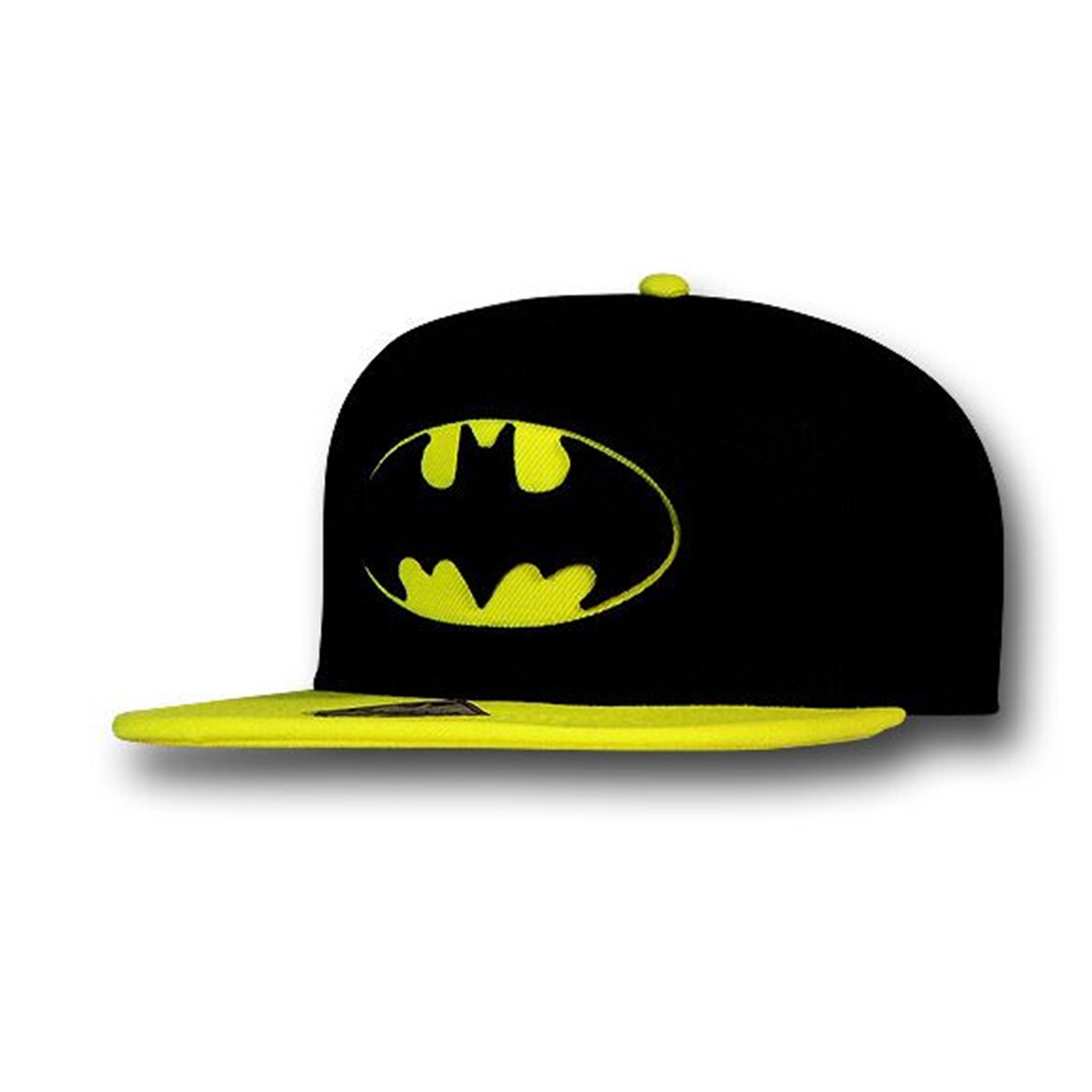 Batman Symbol Yellow Bill Snapback Hat, Black