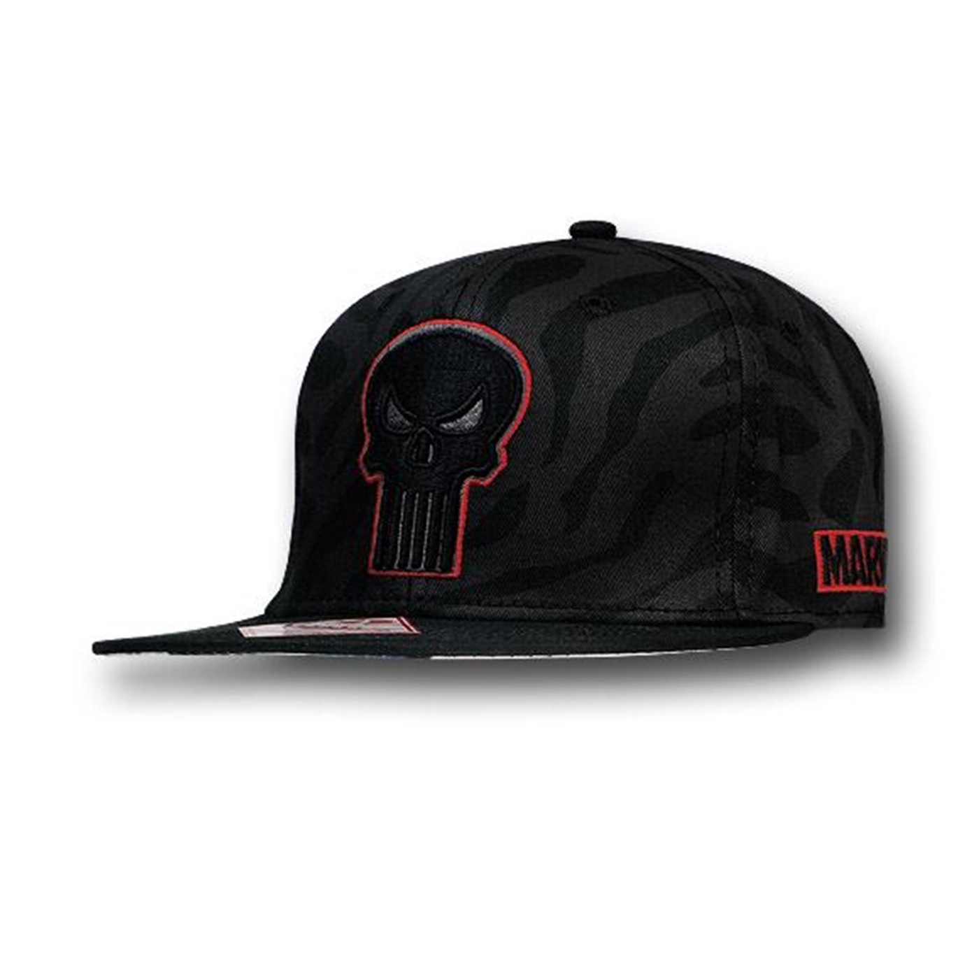 Punisher Red Outline Snapback Flat Bill Cap, Black