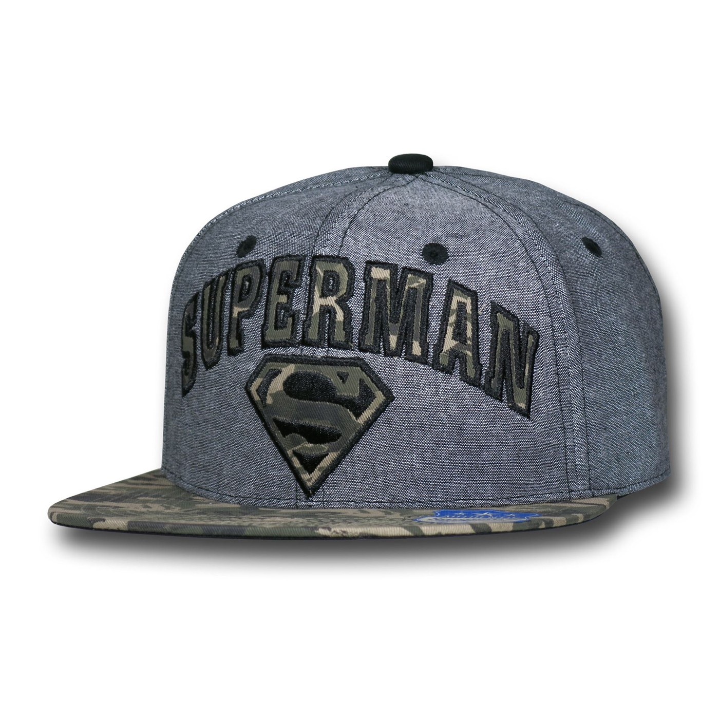Superman Symbol and Logo Camo Flat Billed Cap, Grey