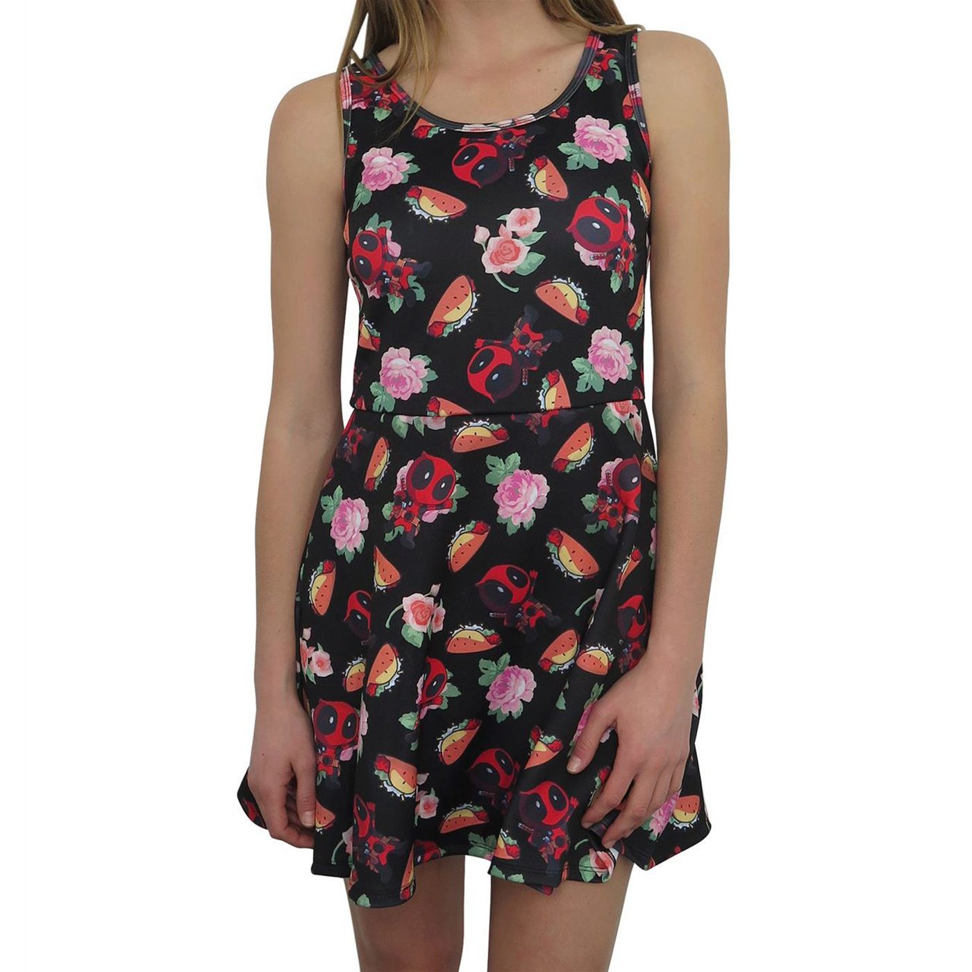 Deadpool Floral Women's Skater Dress, Black