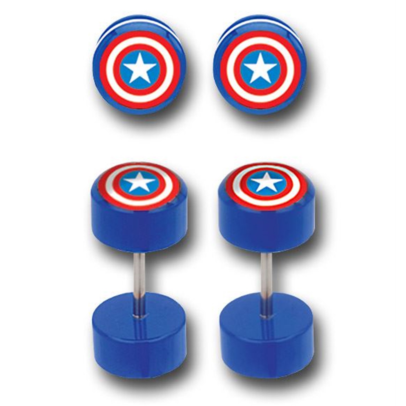 Captain America Shield Earrings Faux Plugs, Blue