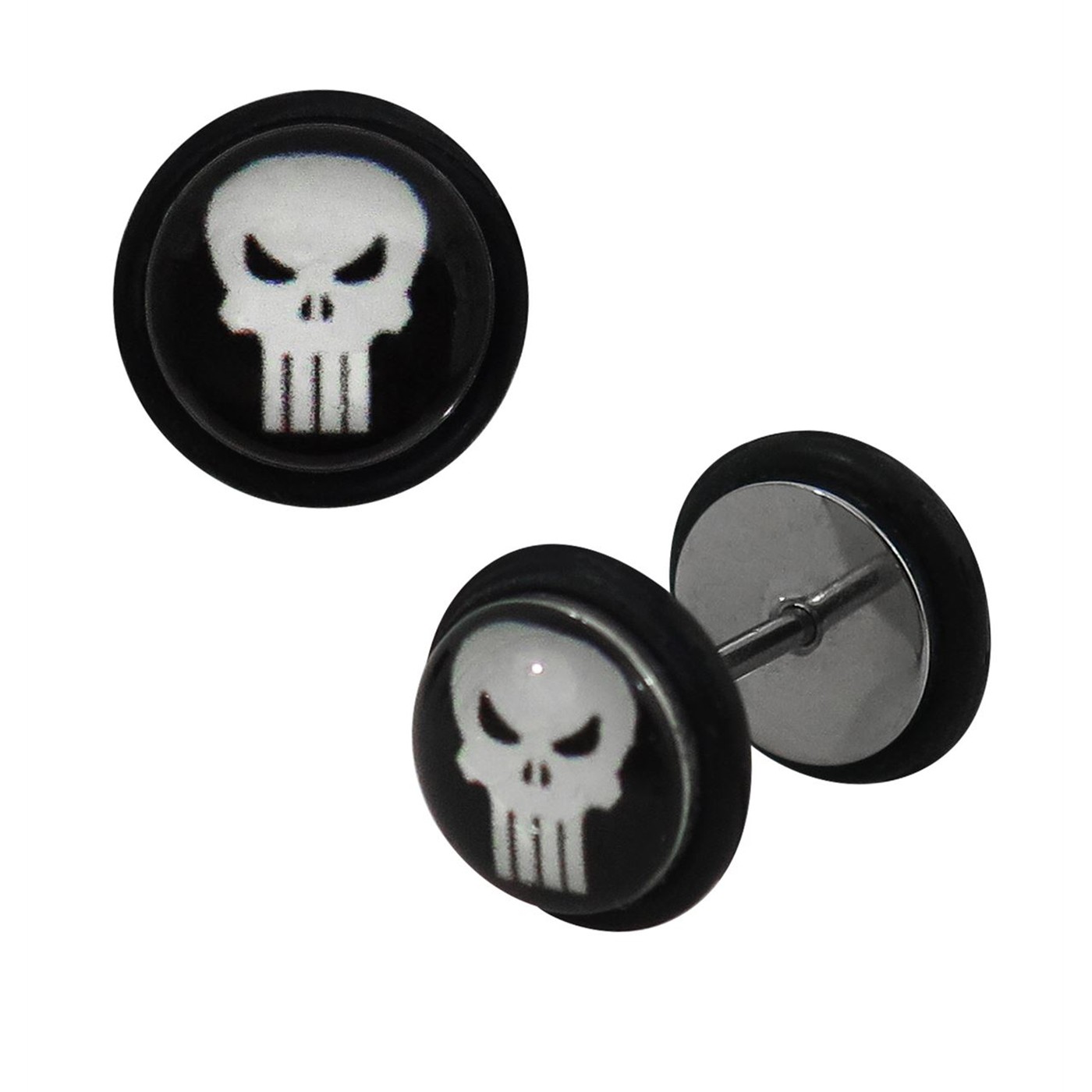 Punisher Skull 316L Surgical Steel 18G Fake Plugs, Black