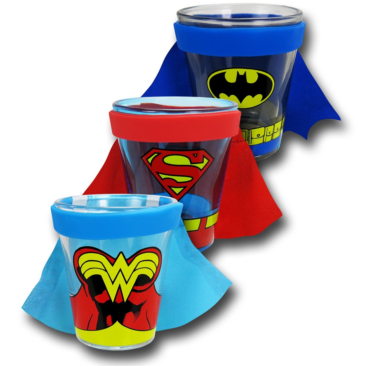 DC Trinity Caped Costume Shot Glass 3 Pack Set, Blue