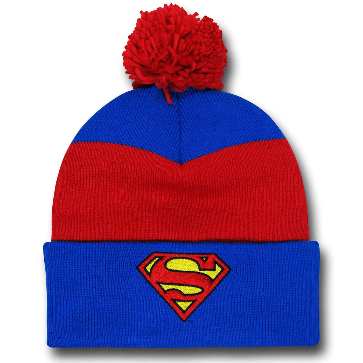 Superman Symbol Blue & Red Pom Pom Beanie, Red