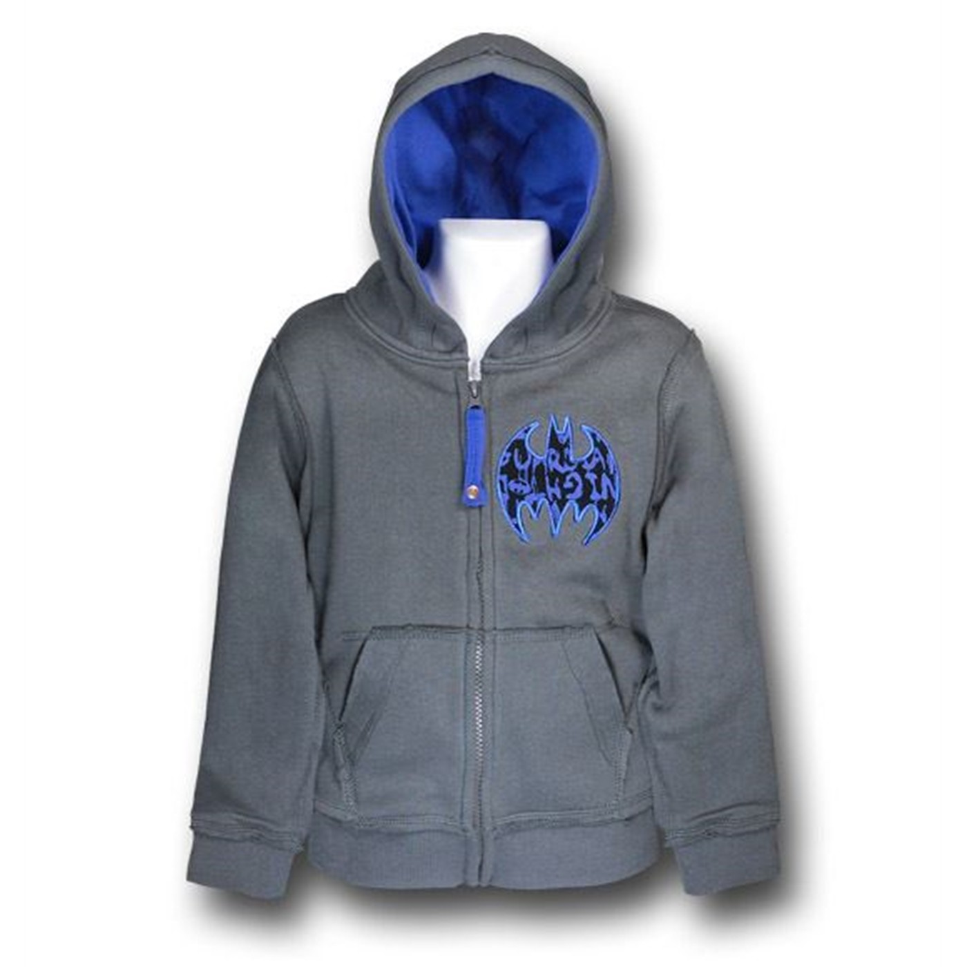 Batman Royal Blue Logo Kids Zip-Up Hoodie, Grey