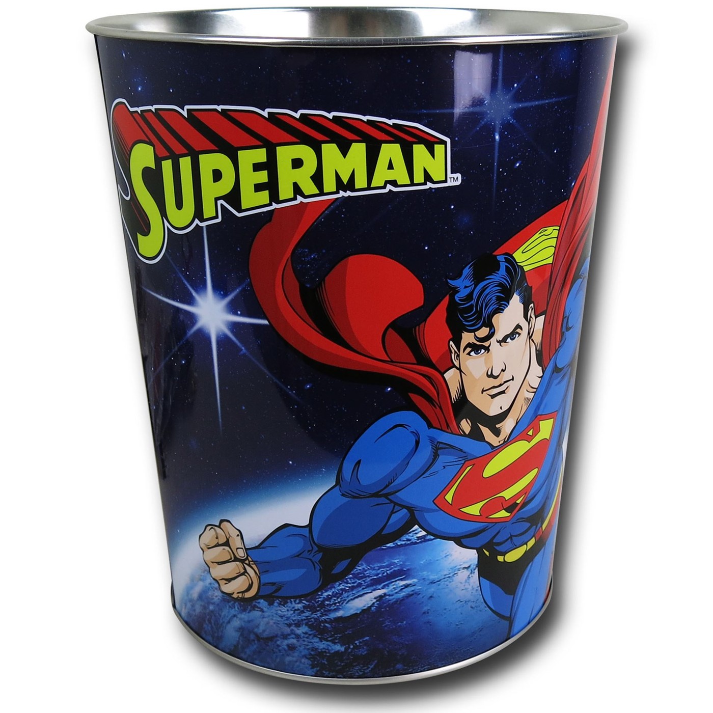 Superman Soaring Tin Waste Basket, Blue