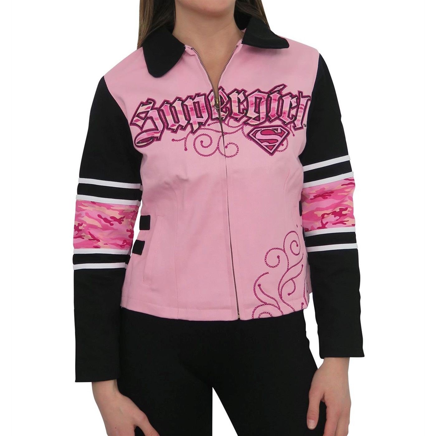 Supergirl Pink Camo Symbol Women's Canvas Jacket, Pink