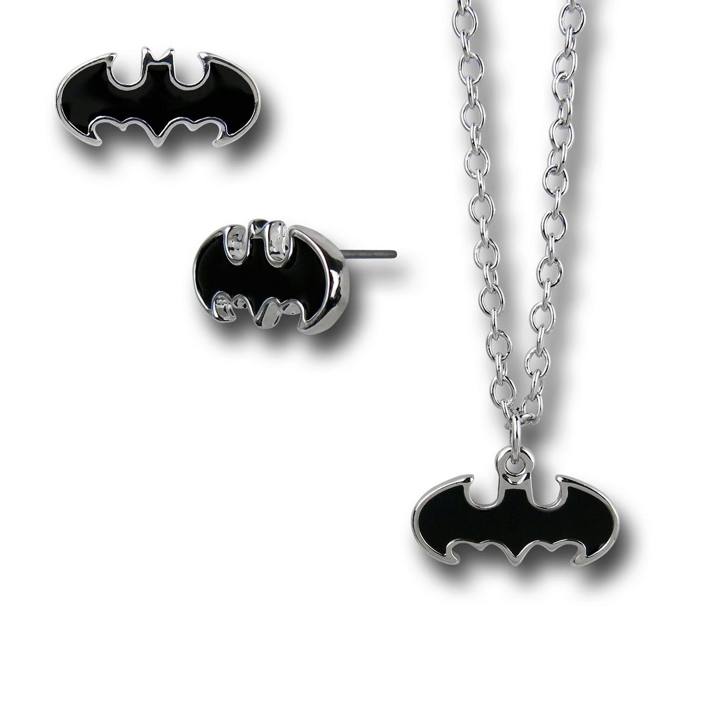 Batman Enamel Necklace and Earrings Set, Black