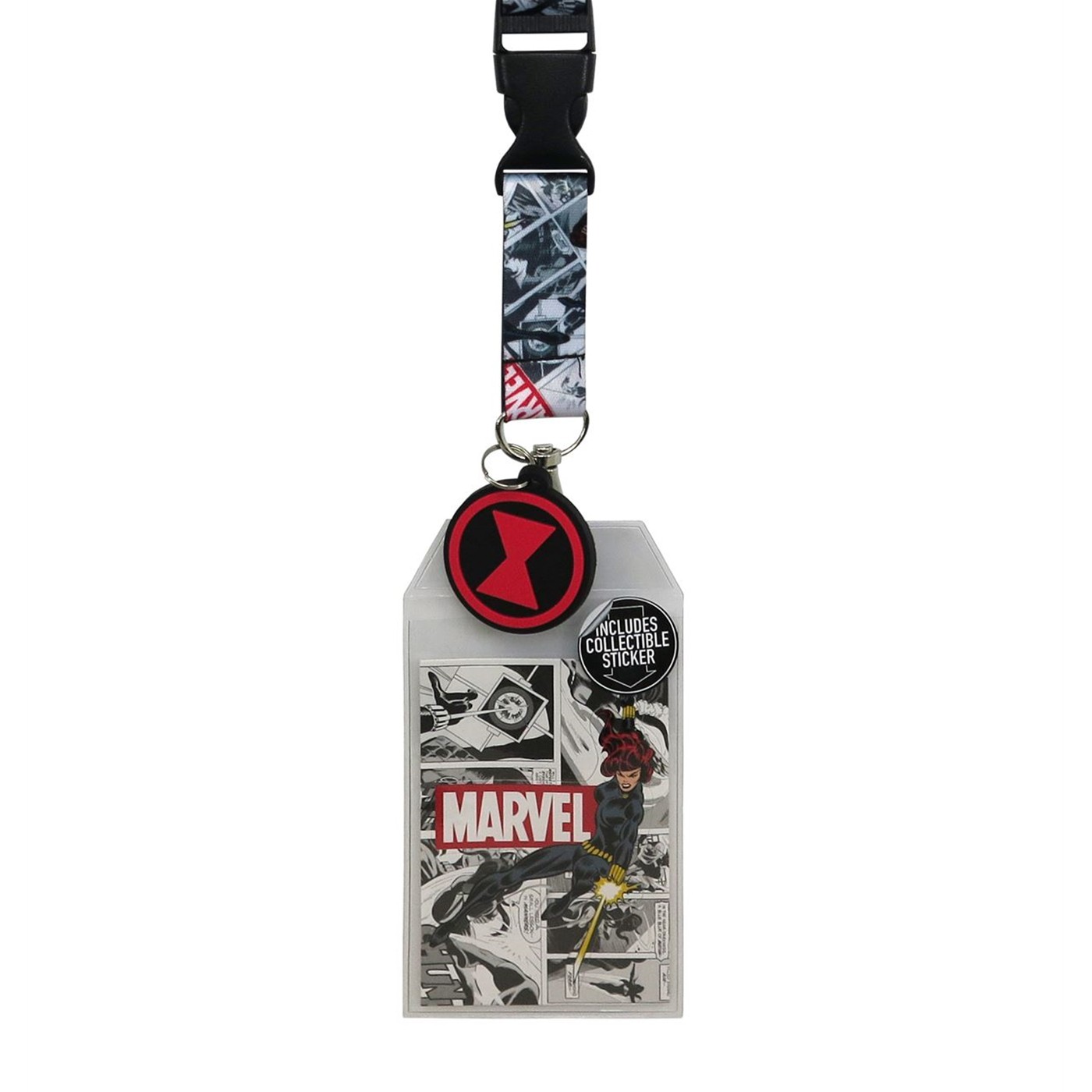 Black Widow Comic Collage Lanyard with PVC Charm, Black
