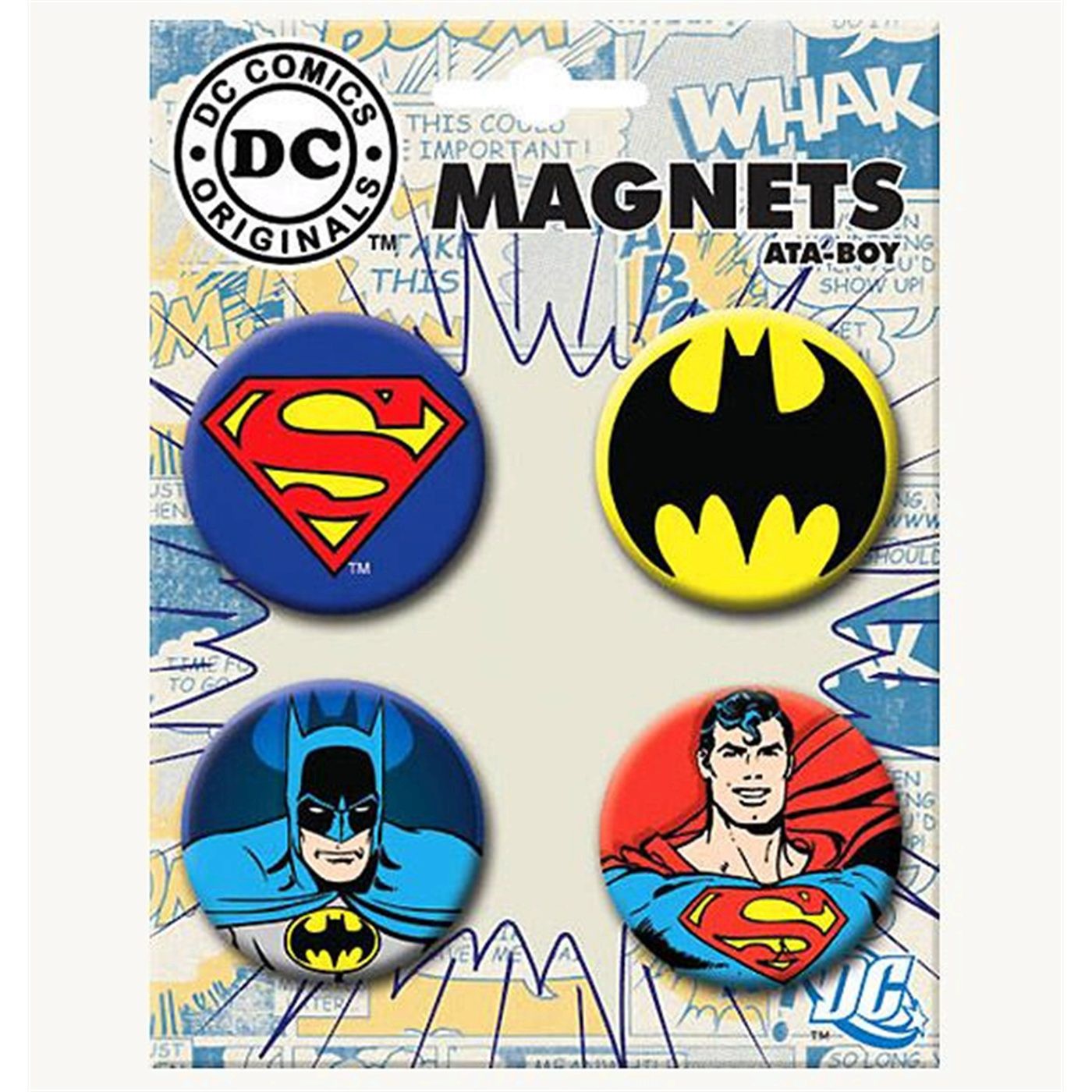 Superman and Batman Magnet Button Heroes and Symbols 4 Pack, Blue