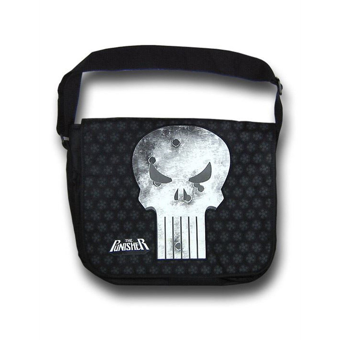 Punisher Bullet Riddled Skull Messenger Bag, Black