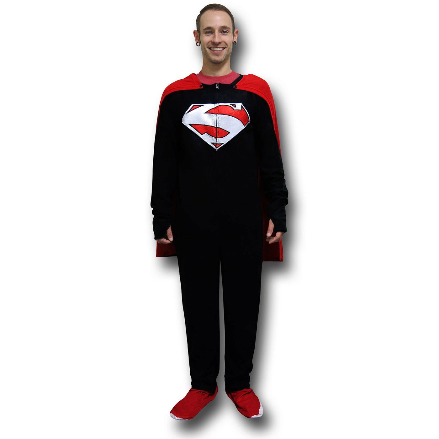 Superman Black Union Suit Pajamas w/Red Cape, Black
