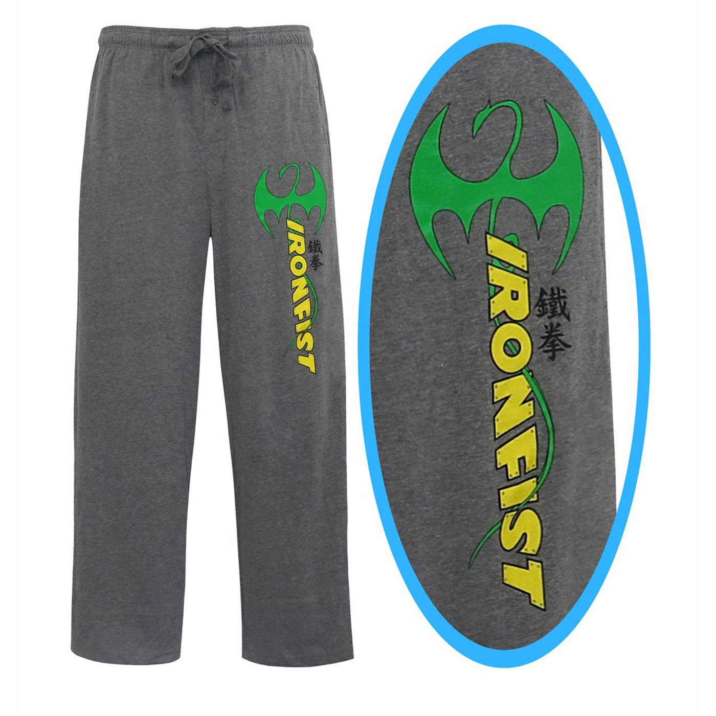 Iron Fist Logo Immortal Dragon Men's Pajama Pants, Grey