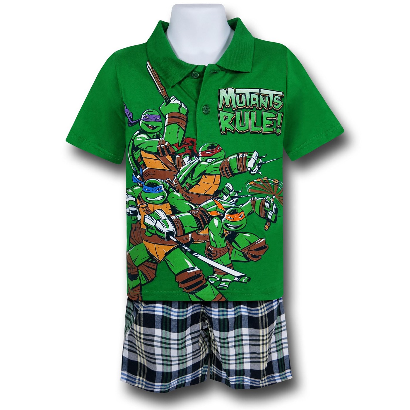 TMNT Kids Polo & Plaid Shorts Set, Green